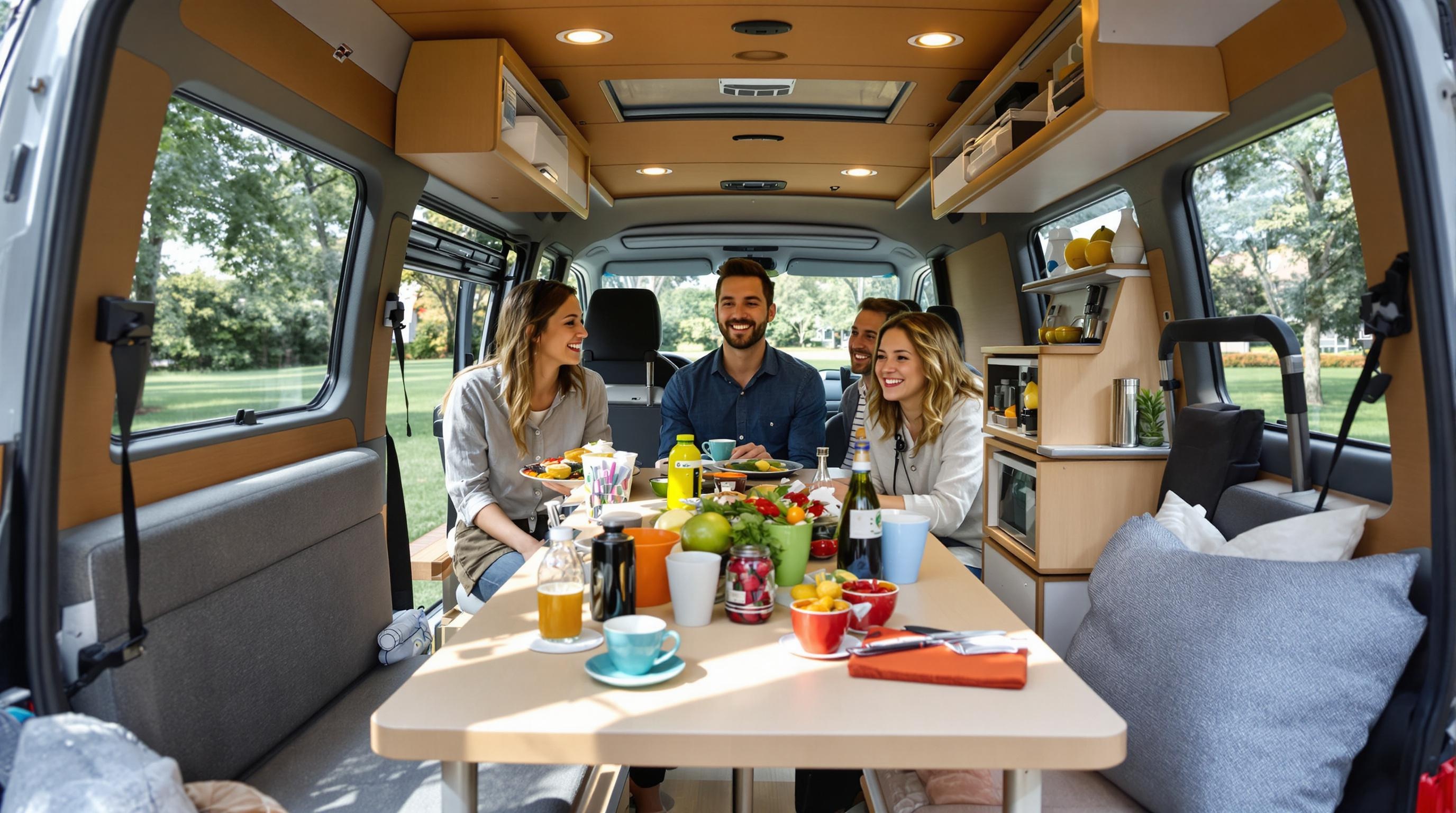 Famille de quatre en train de manger dans un fourgon compact, cuisine pratique visible.