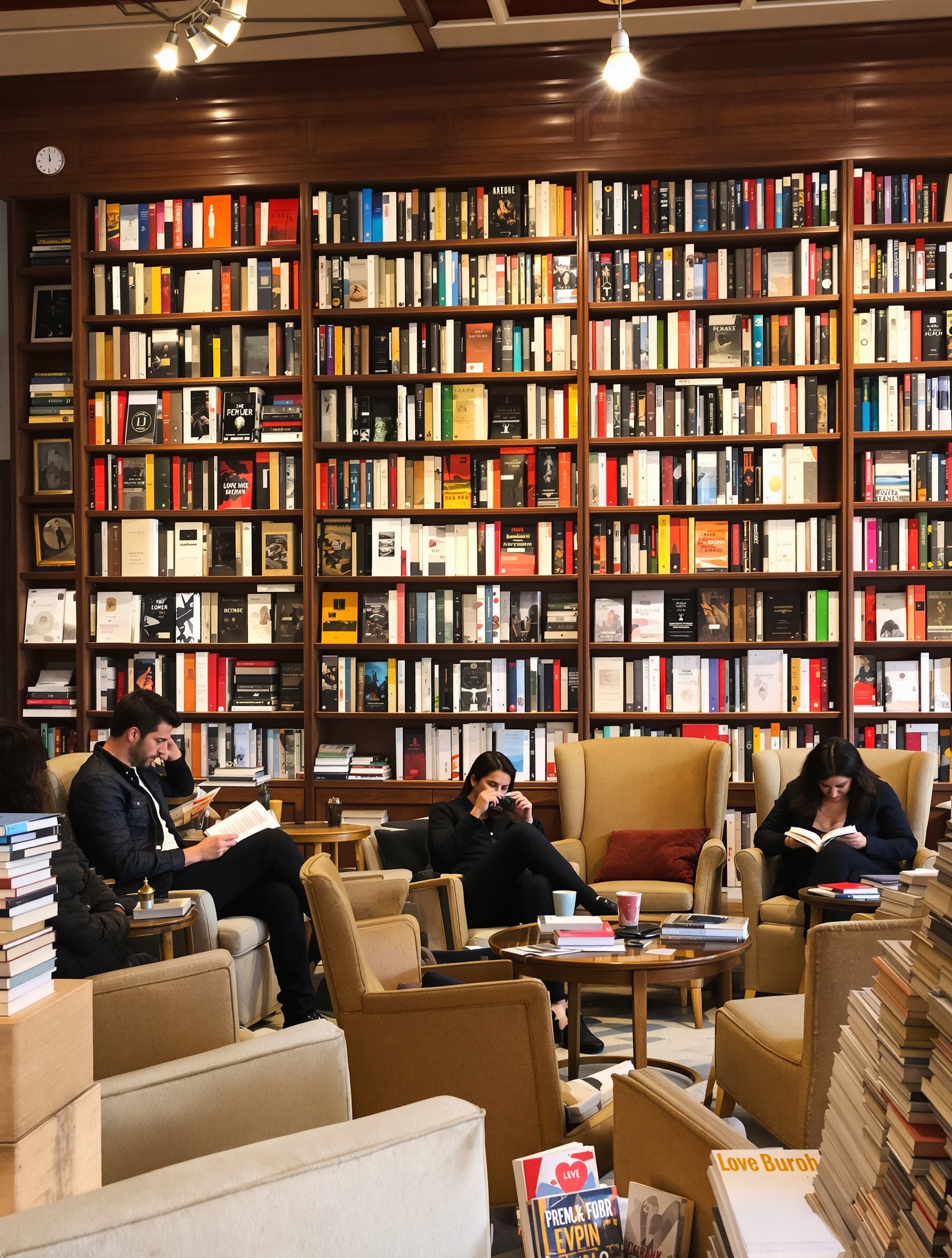 Intérieur chaleureux d'une librairie-café lyonnaise avec fauteuils et lecteurs