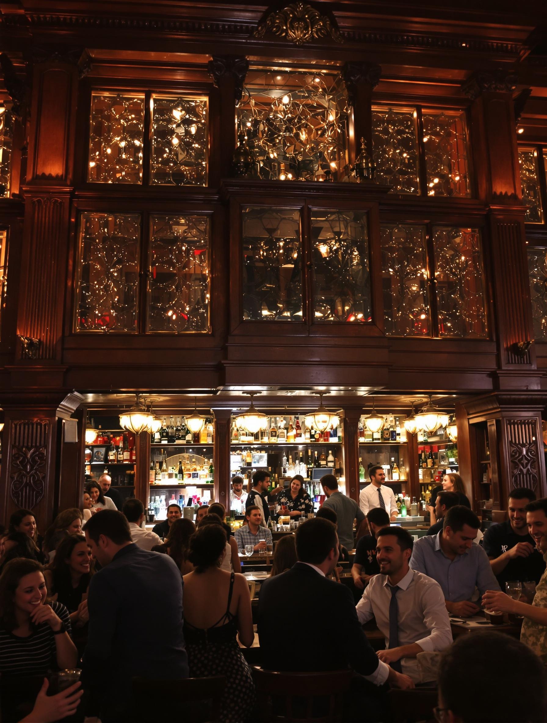Intérieur d’un pub victorien avec boiseries et bar éclairé.