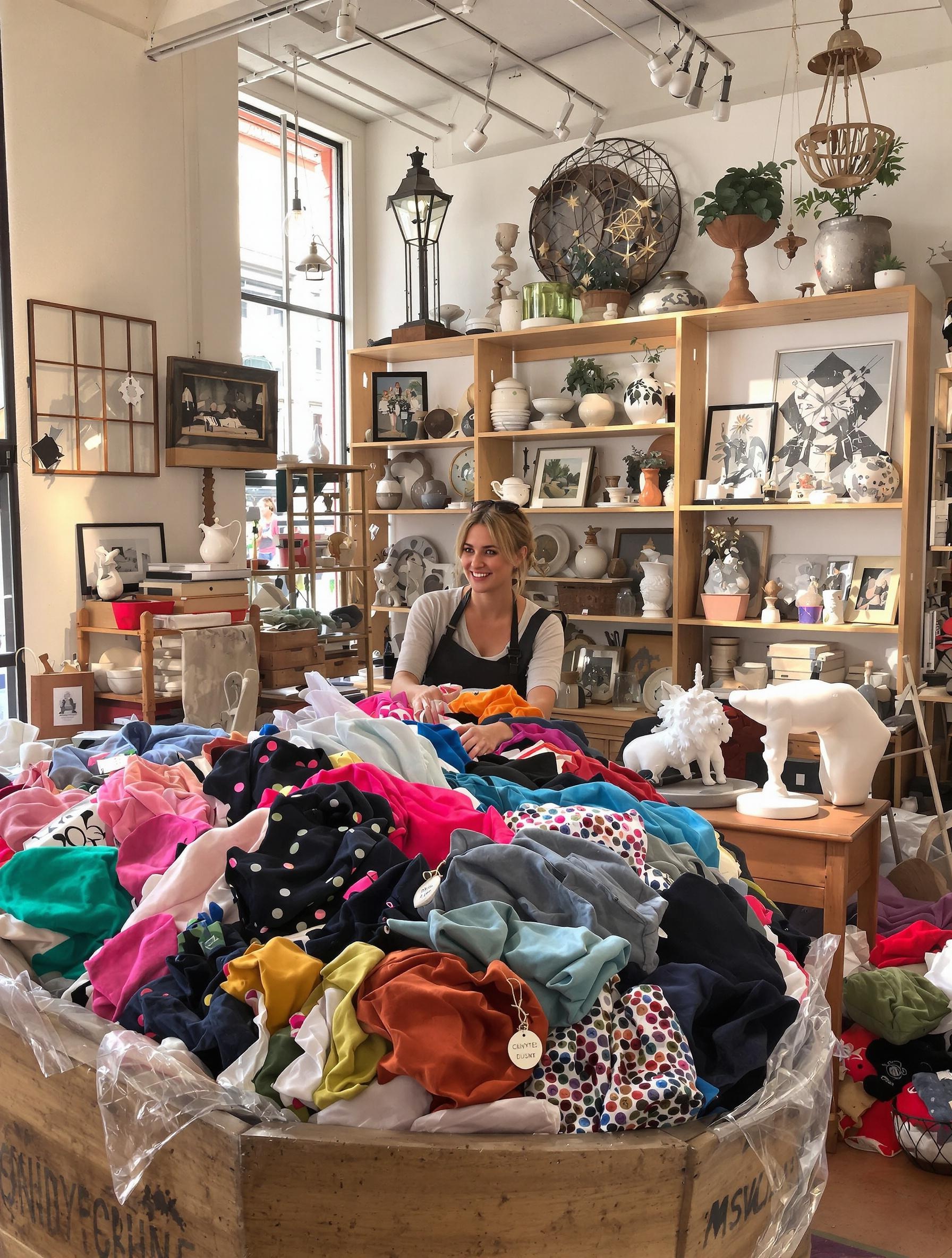 Bacs de vêtements colorés et objets déco à la Ressourcerie Créative Jean Jaurès à Lyon