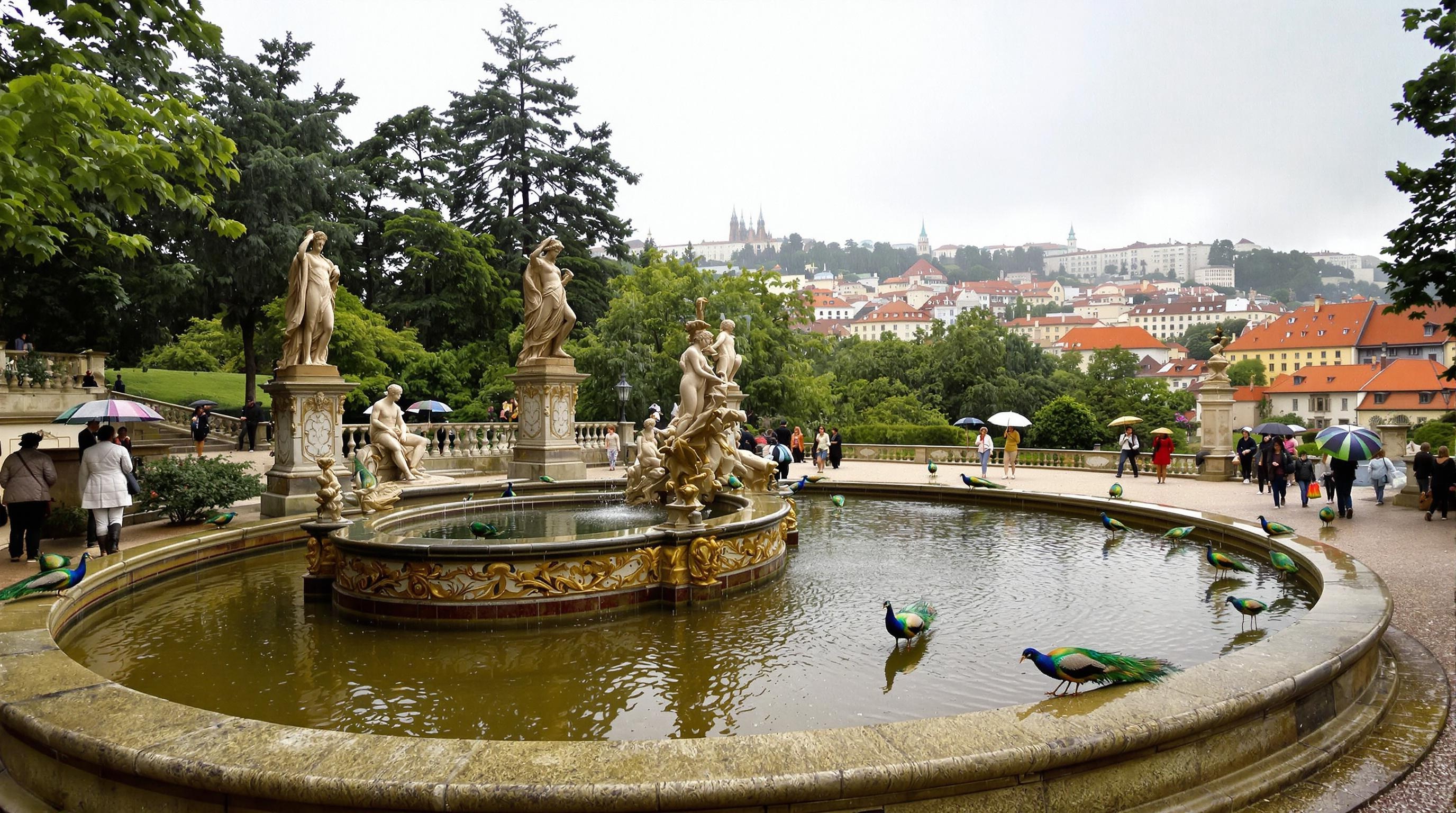 Ambiance bucolique et sonore du Jardin Wallenstein à Prague avec bassins, paons et visiteurs