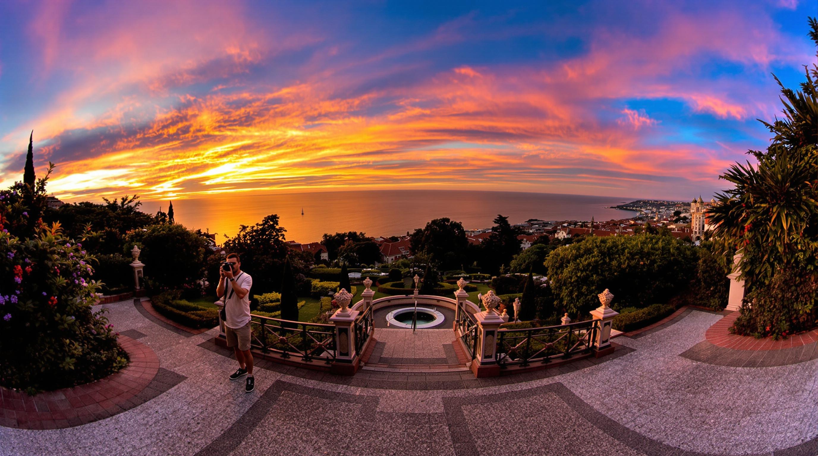 Coucher de soleil sur Porto depuis les Jardins du Palais de Cristal avec vue Atlantique