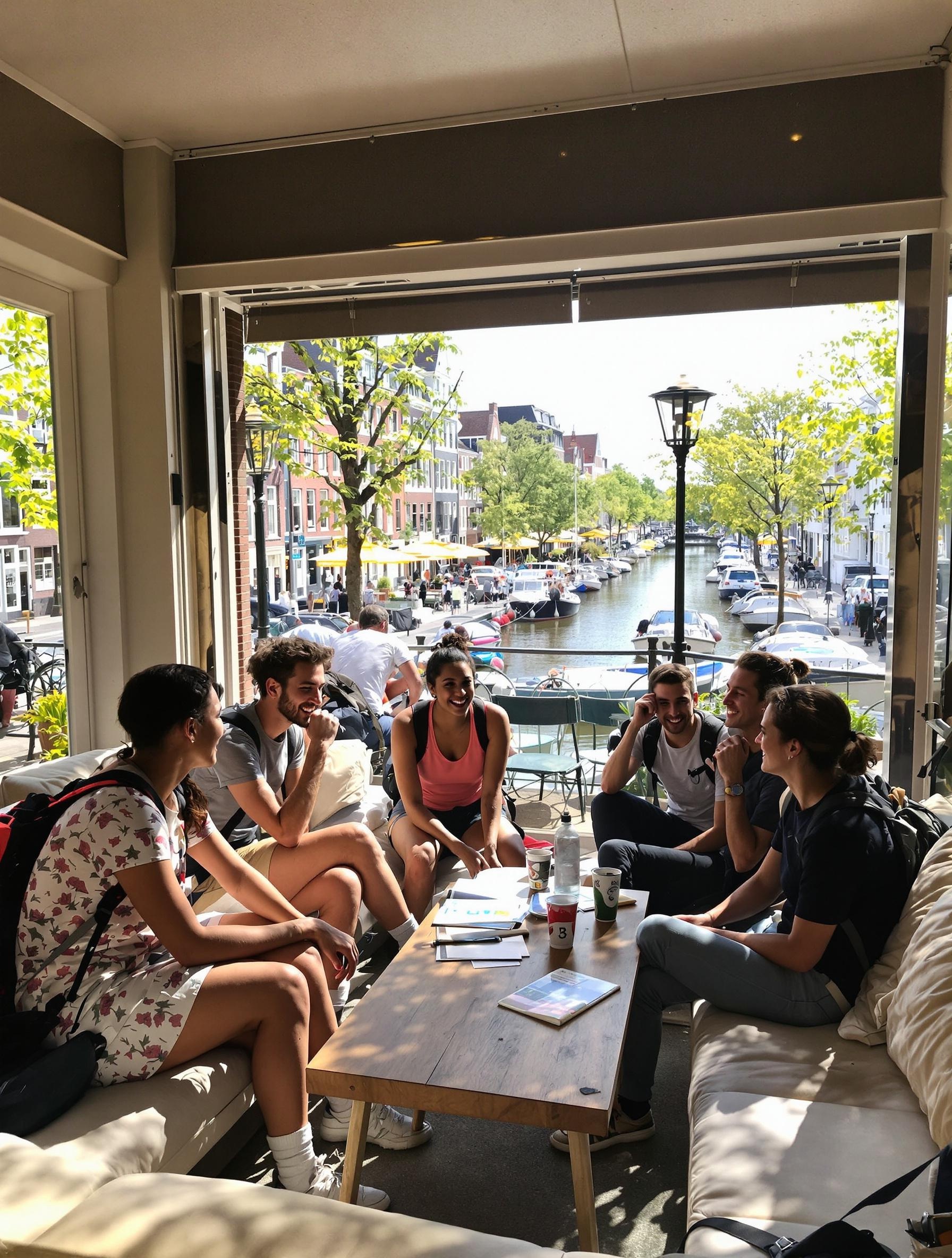 Jeunes voyageurs dans un salon d'auberge de jeunesse à Amsterdam, autour d'une table basse, ambiance conviviale avec lumière naturelle et une terrasse en arrière-plan offrant une vue sur le canal.