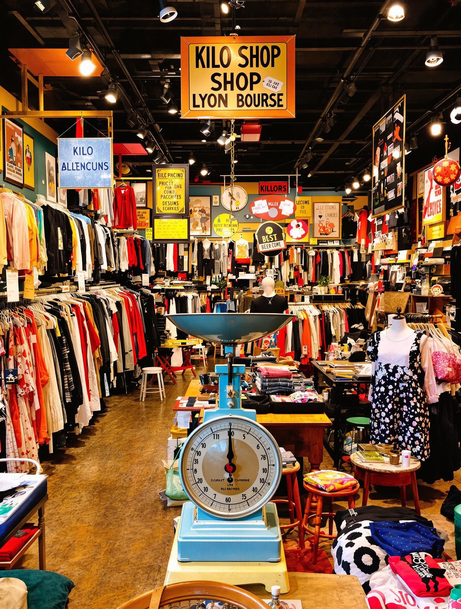 Intérieur de la boutique Kilo Shop Lyon Bourse avec balance vintage et rayons colorés
