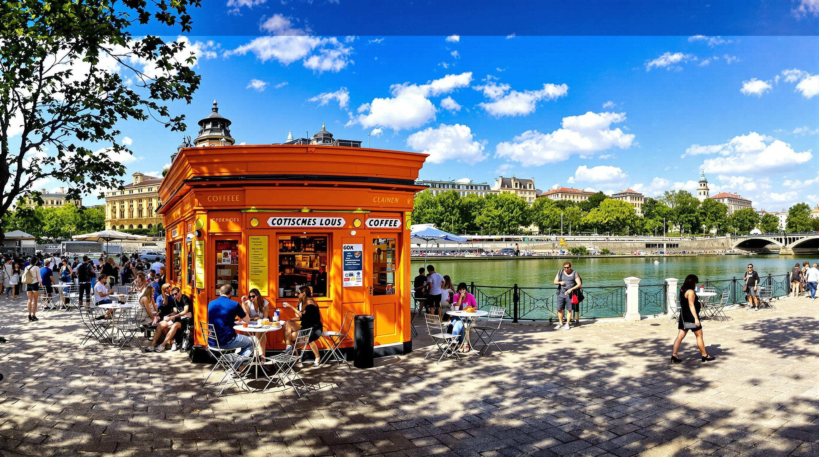 kiosque orange typique sur les quais de Saône à Lyon