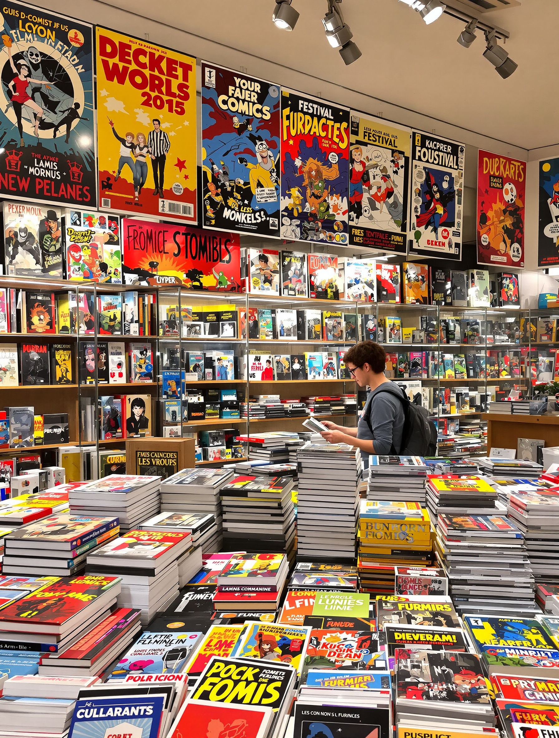 Librairie BD à Lyon avec piles colorées et affiches au mur