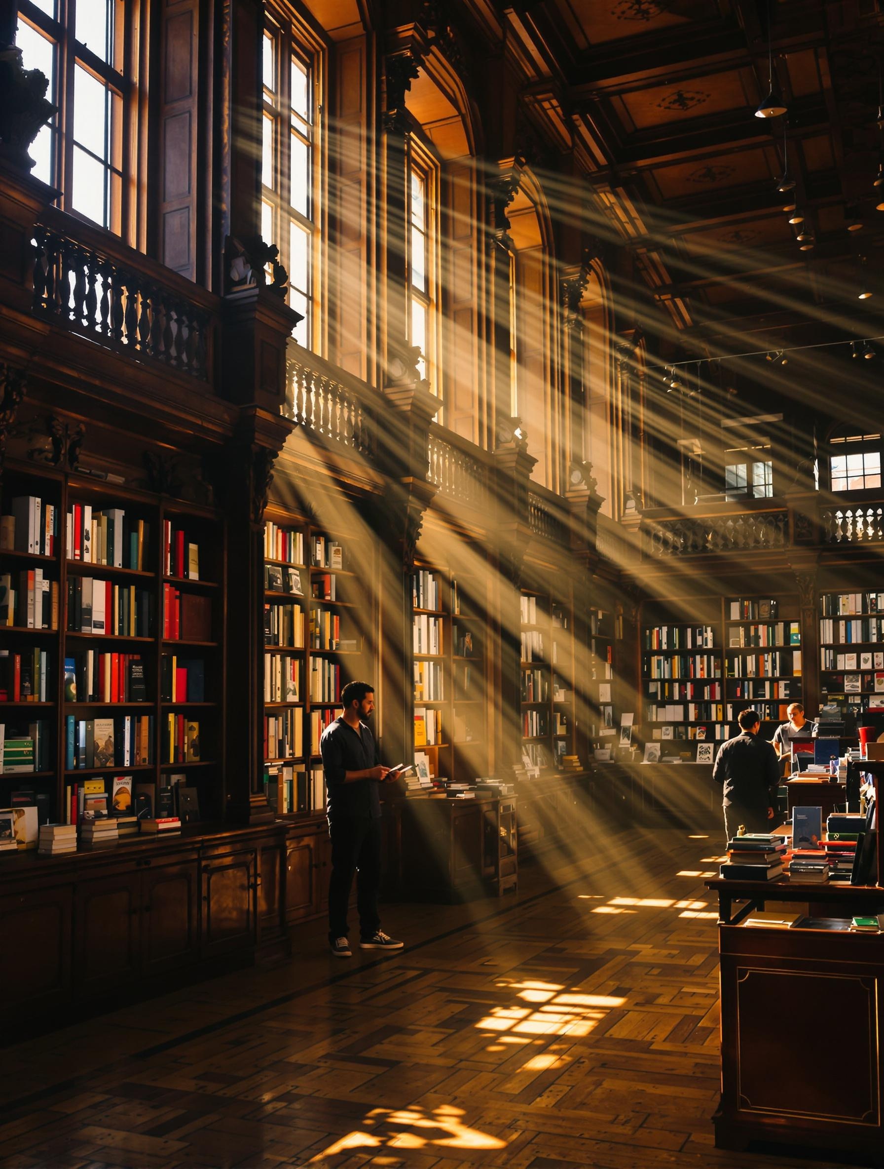 Librairie Porto vide matin paisible rayonnages client solitaire