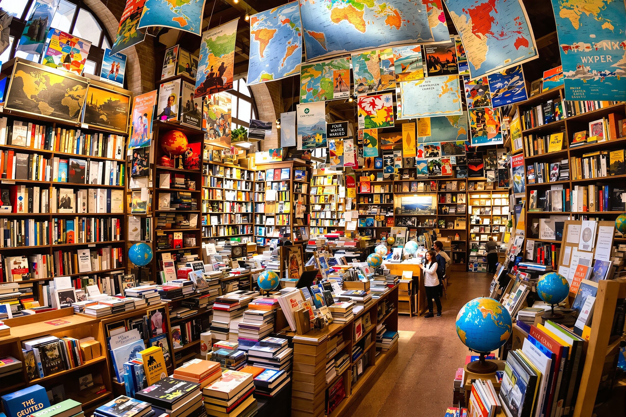 Librairie voyage à Lyon avec globes et cartes partout