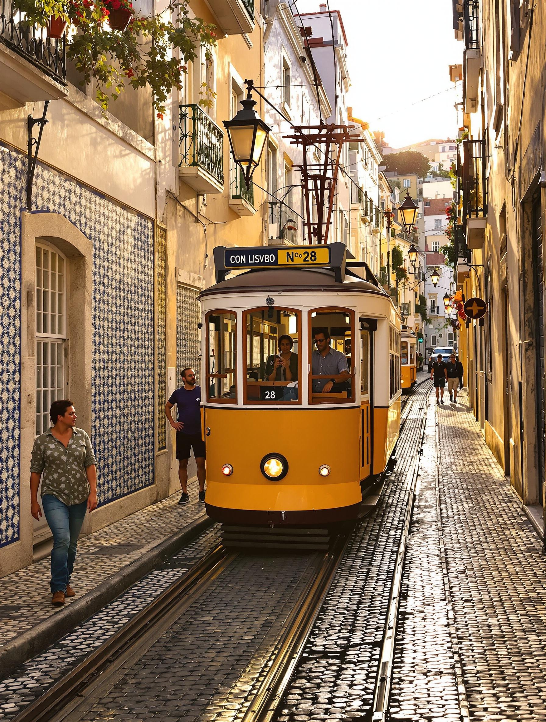 Lisbonne tram n°28 azulejos matin lumière