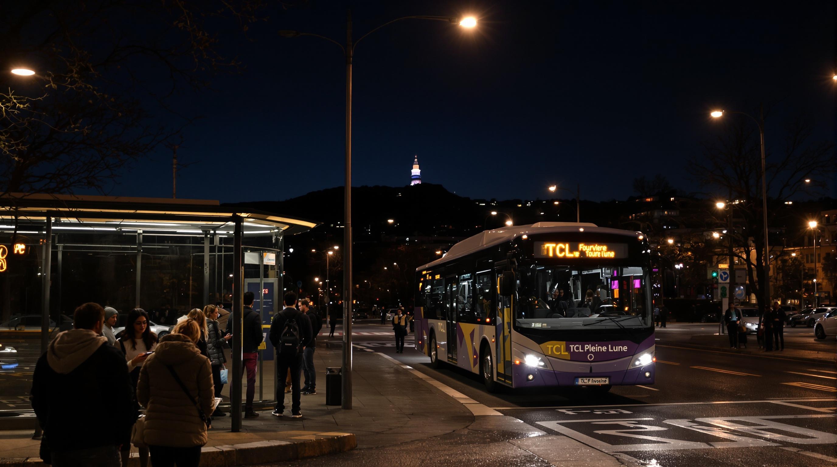 Arrêt TCL des lignes Pleine Lune à Lyon, ambiance nocturne