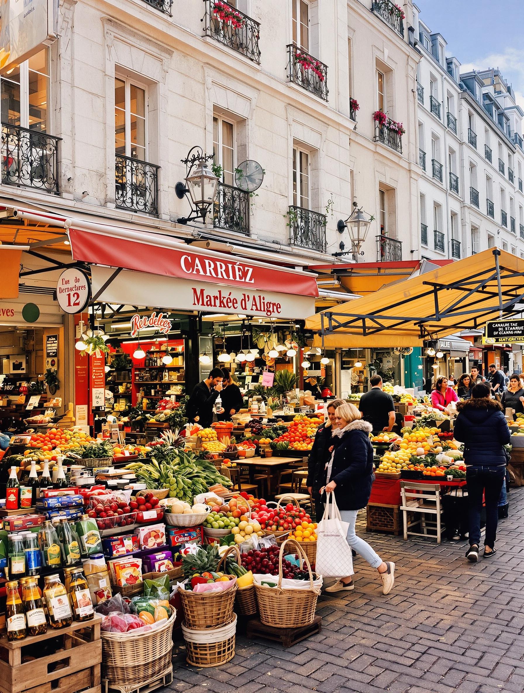 Scène animée du marché d'Aligre avec cafés en terrasse