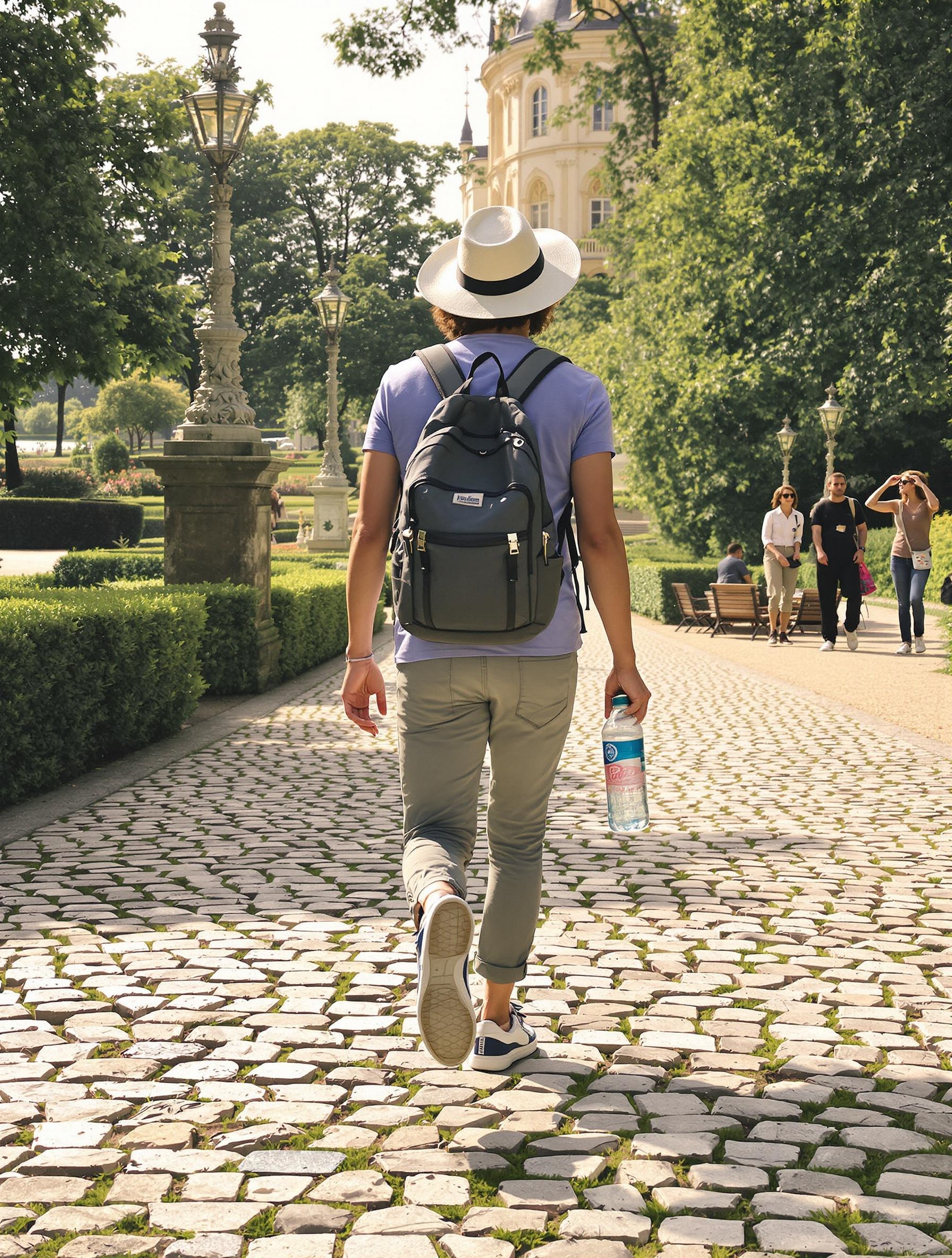 Visiteur bien équipé marchant dans le parc de Versailles