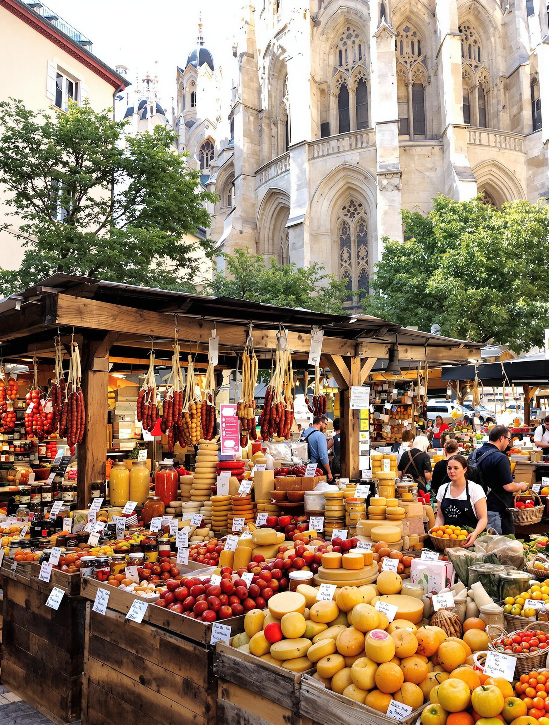 Marché coloré à l'ombre de la cathédrale Saint-Jean, étals de fromages et produits locaux