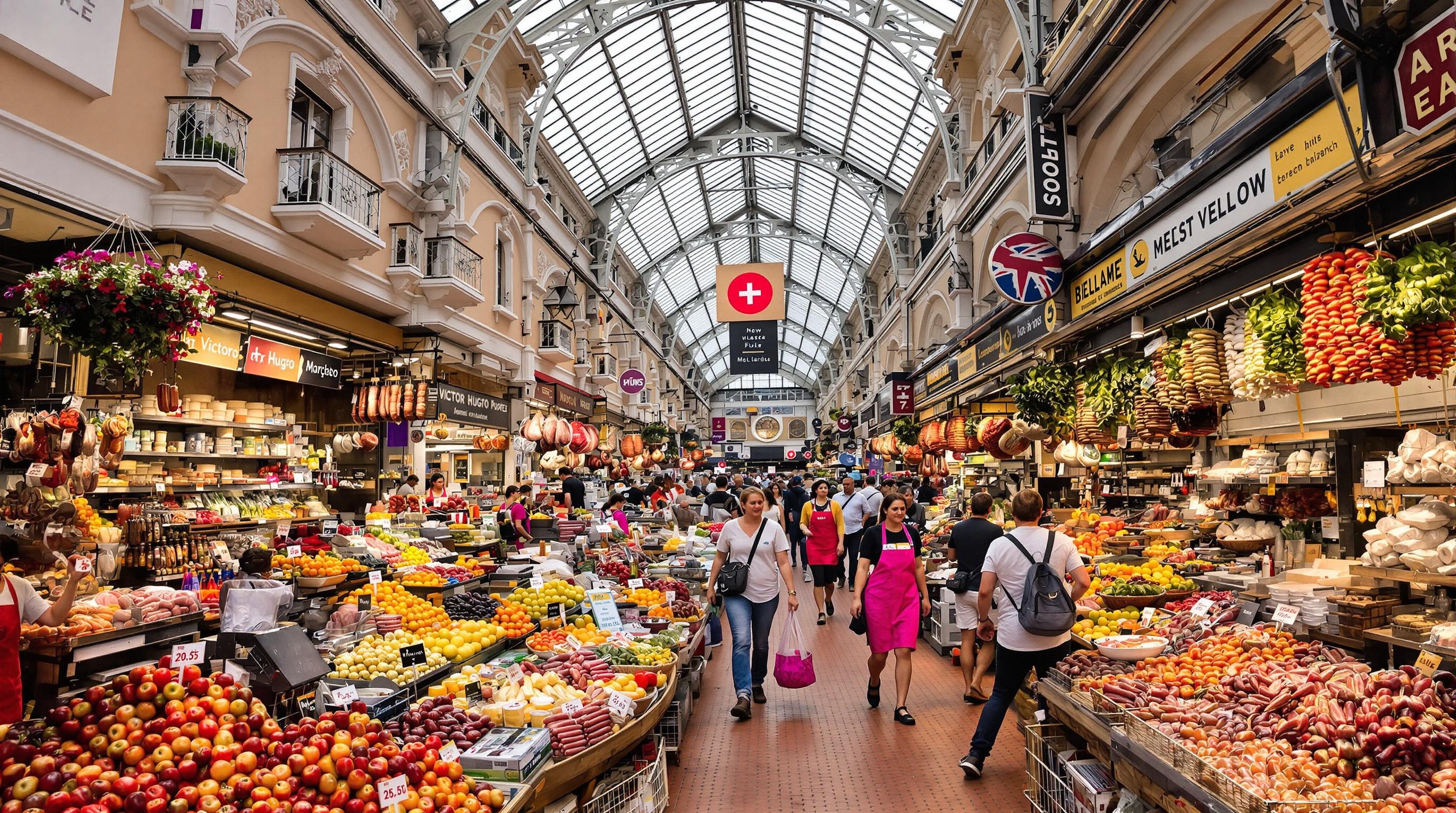 Scène animée à l'intérieur de la halle du Marché Victor Hugo à Toulouse : étals bien garnis de fruits, légumes, fromages, charcuteries et saucisses typiques. Clients pressés, commerçants avec des tabliers colorés, ambiance conviviale et authentique sous une lumière naturelle filtrant par les verrières.