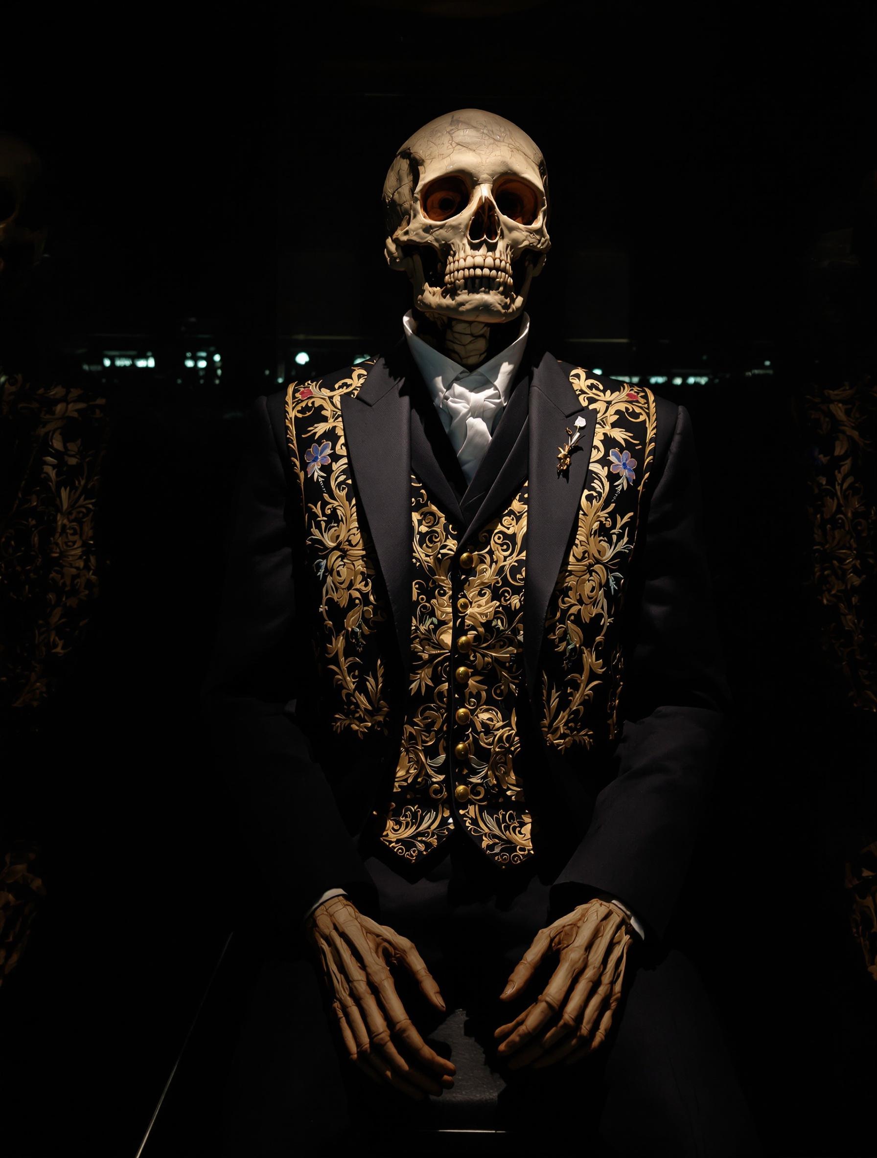Momie de Giovanni Paterniti, diplomate américain, portant un costume sombre et gilet brodé, posture assise