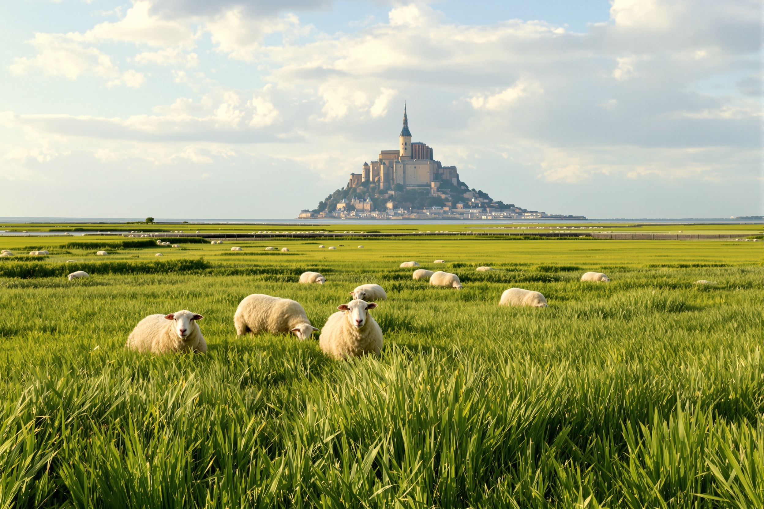 Le Mont Saint-Michel vu depuis les herbus de la Baie avec moutons