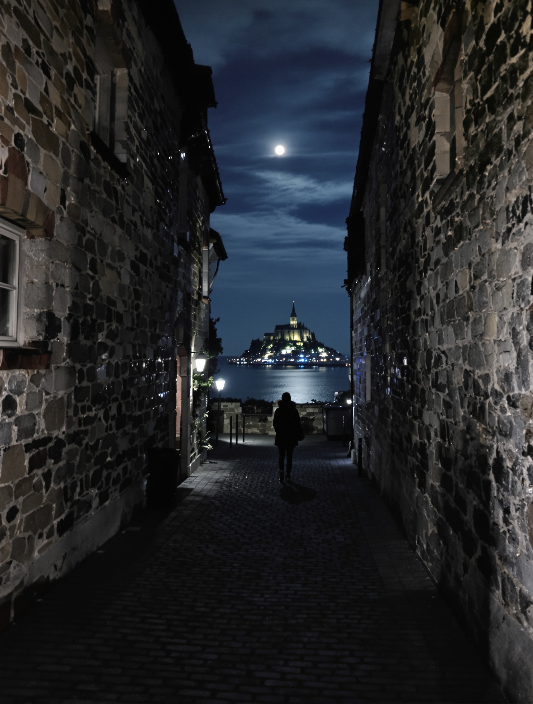 Ruelles désertes du Mont Saint-Michel la nuit sous la lune