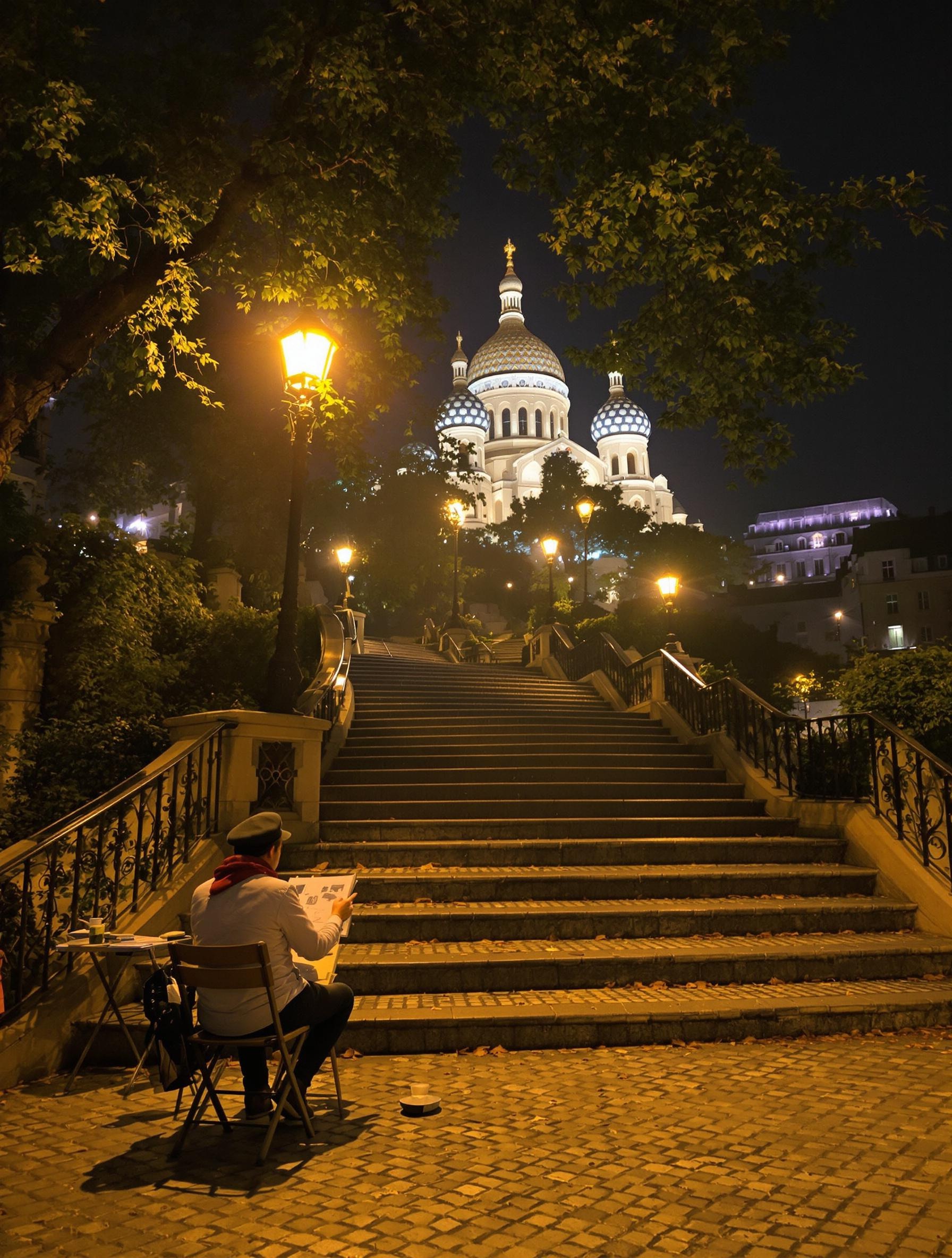 Escalier pavé Montmartre Sacré-Cœur nuit artiste croquis