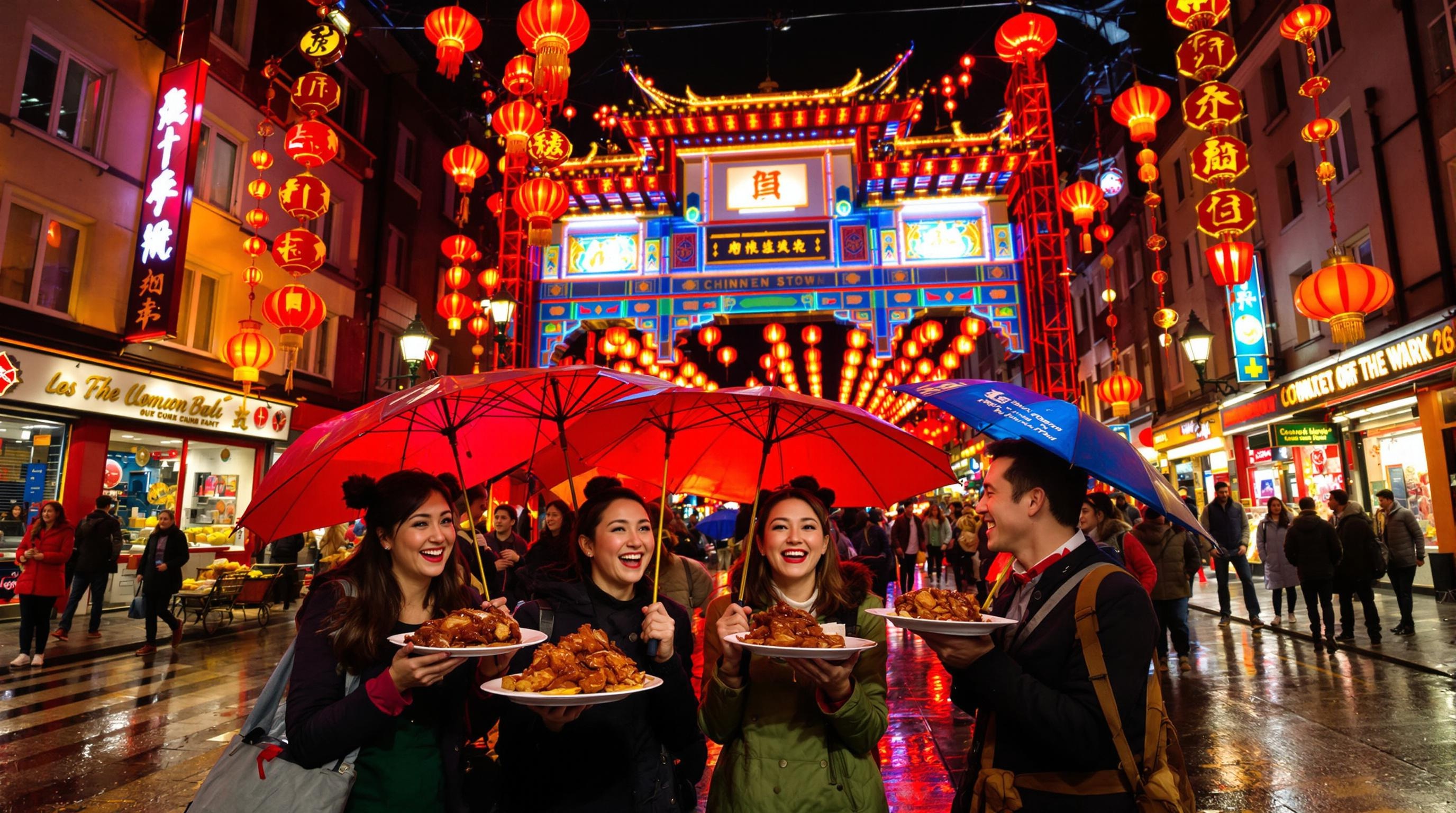 Noctambules joyeux à Chinatown Londres avec lanternes rouges et porte illuminée pour le Nouvel An chinois