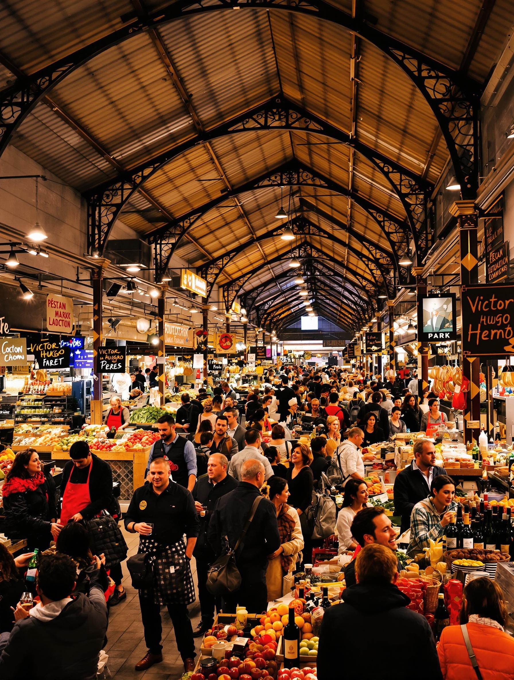 Nocturne du marché Victor Hugo à Toulouse : ambiance conviviale sous la halle avec éclairages tamisés et dégustations de tapas et vins.