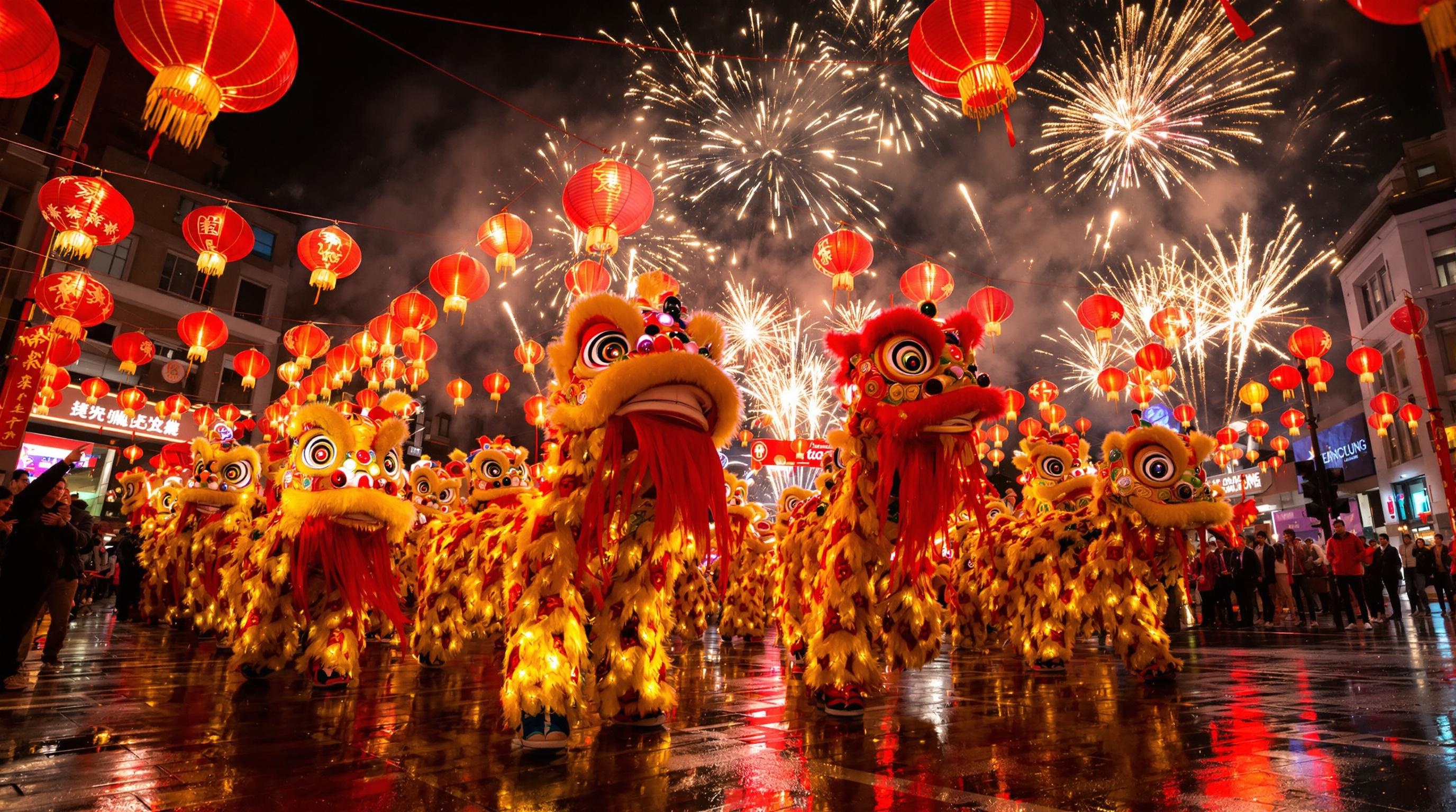 Scène du Nouvel An chinois à Leicester Square avec parade de lions, lanternes et feux d'artifice à Londres