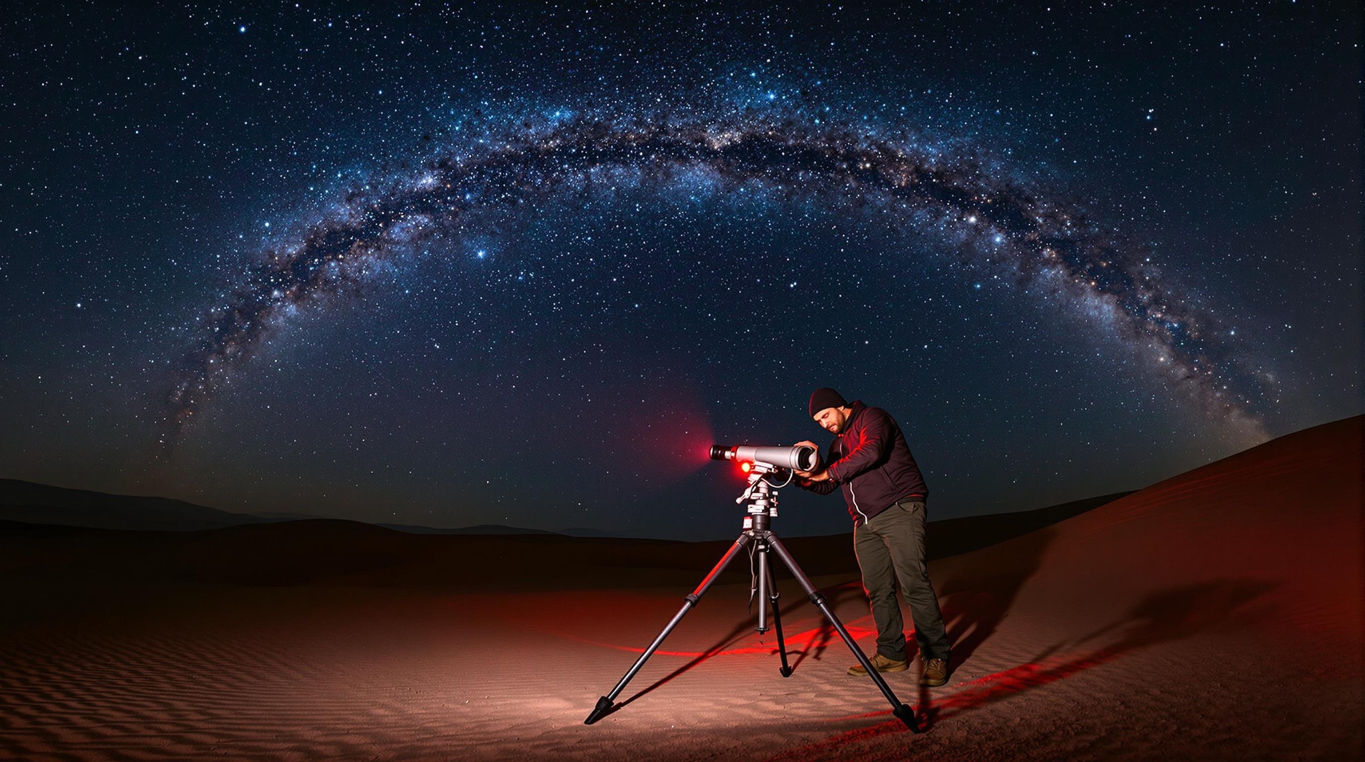 Nuit claire dans le désert de Gorafe, ciel étoilé visible, astronome amateur avec télescope.