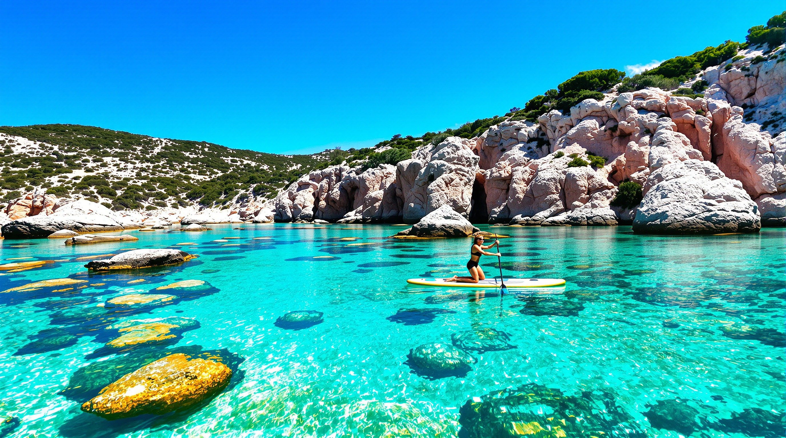 Un paddle glisse sur l'eau translucide de Palombaggia, longeant les rochers de porphyre rose sous le soleil corse.
