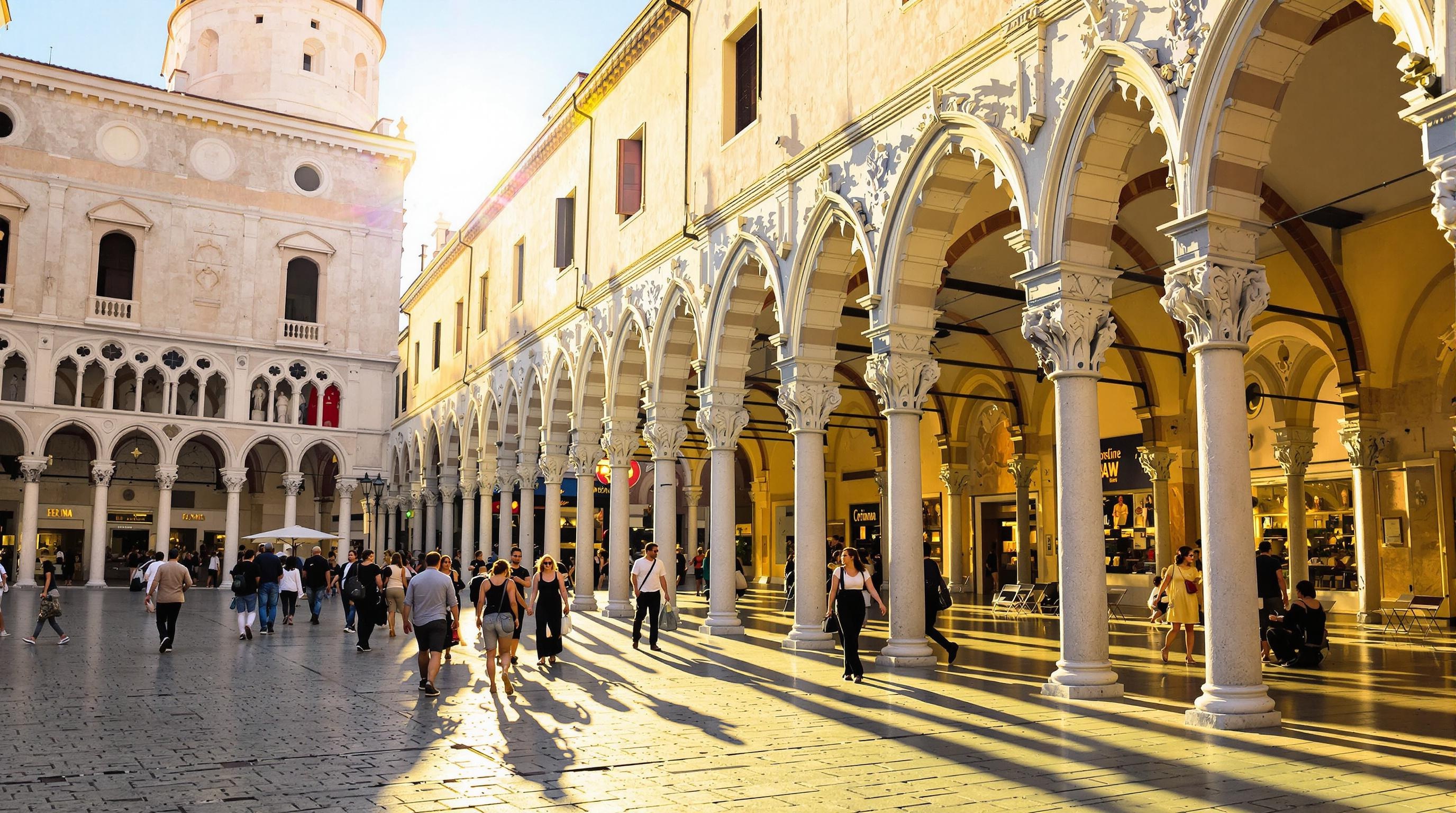 Piazza de Padoue et ses arcades vivante en fin d'après-midi