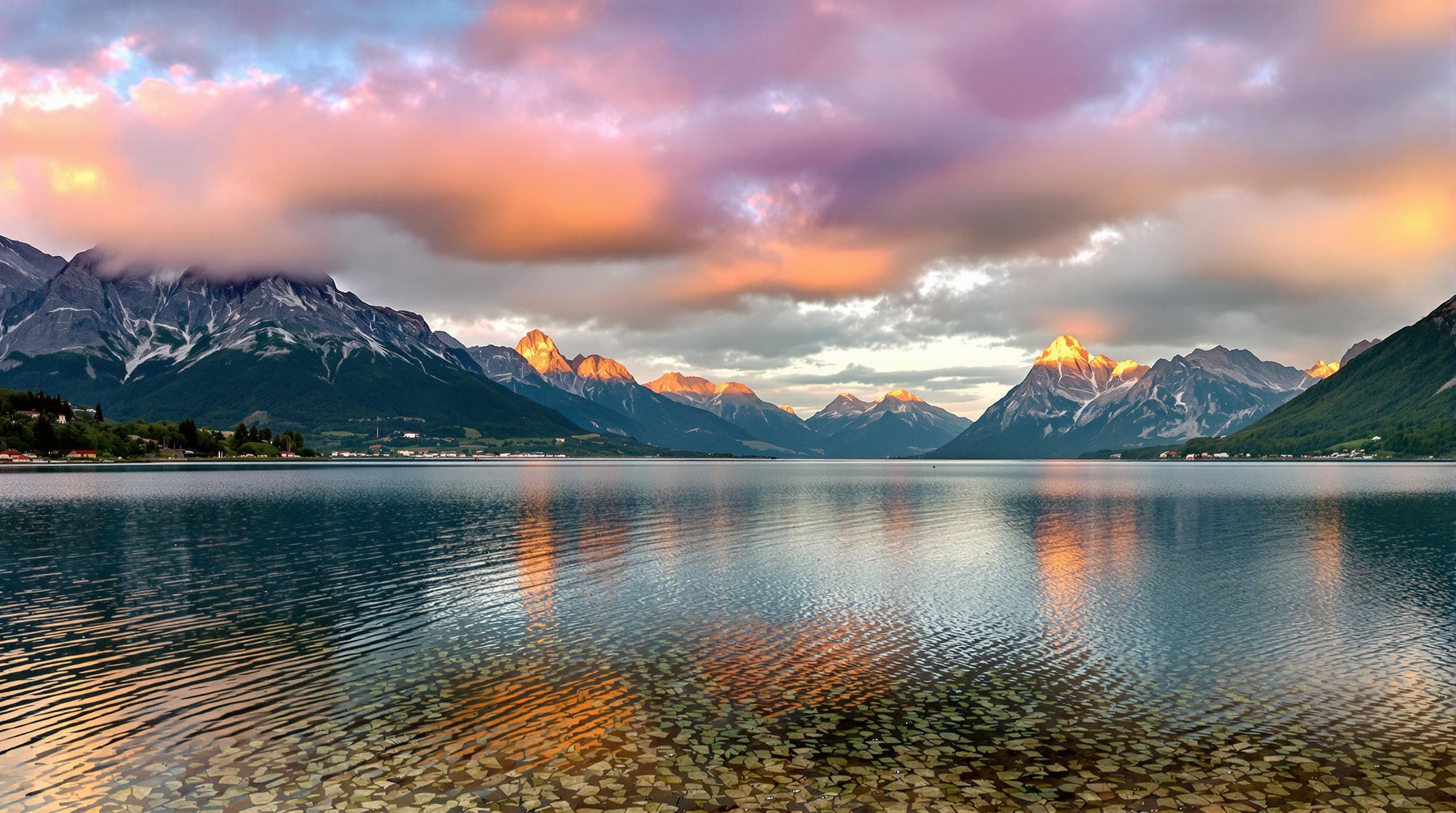 Panorama du lac de Saint-Point avec voilettes colorées et montagnes en arrière-plan.