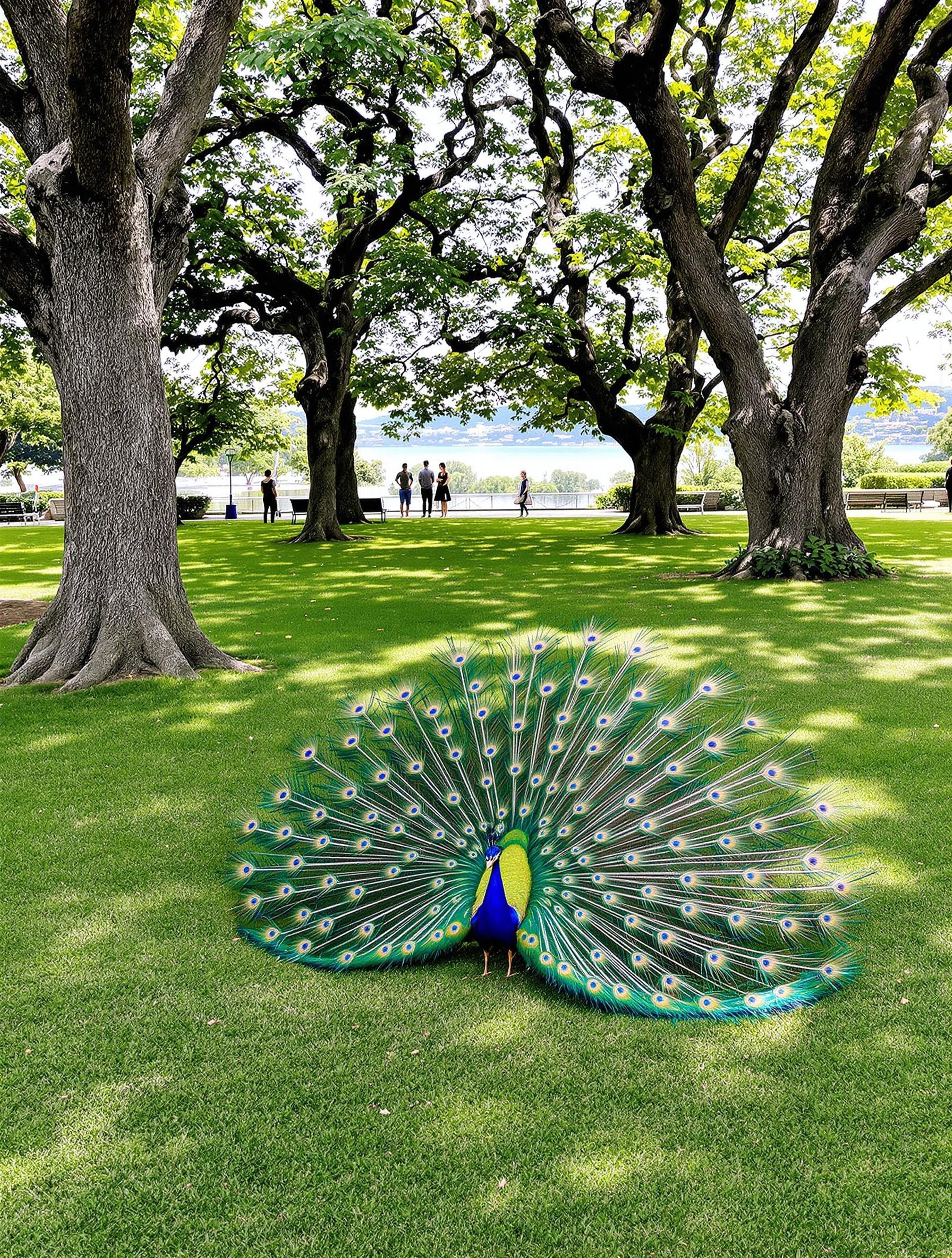 Paon faisant la roue sur une pelouse verdoyante aux Jardins du Palais de Cristal, Porto