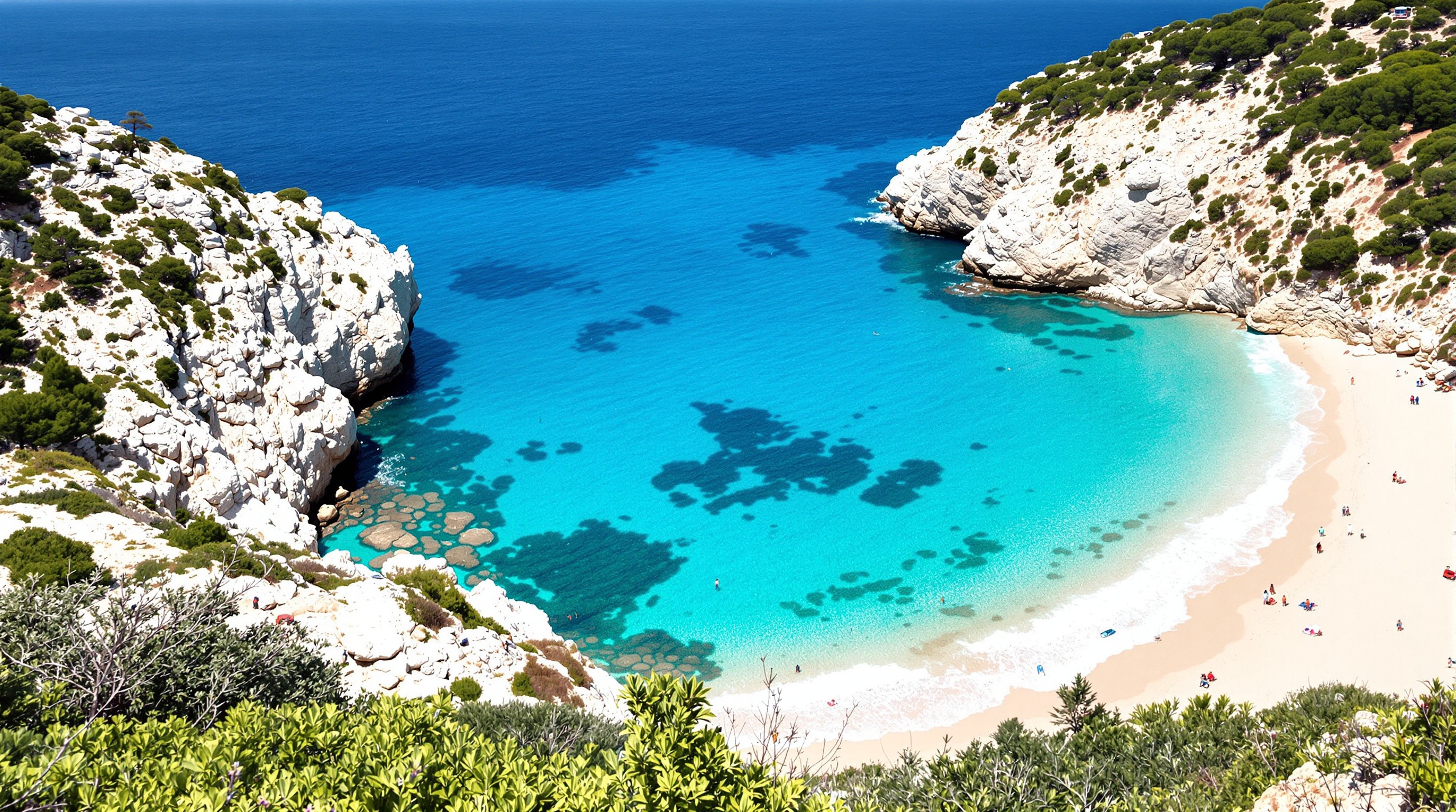 Parc naturel de Mondragó à Majorque, deux plages séparées par des rochers clairs, mer d'un bleu franc, végétation basse typique méditerranéenne