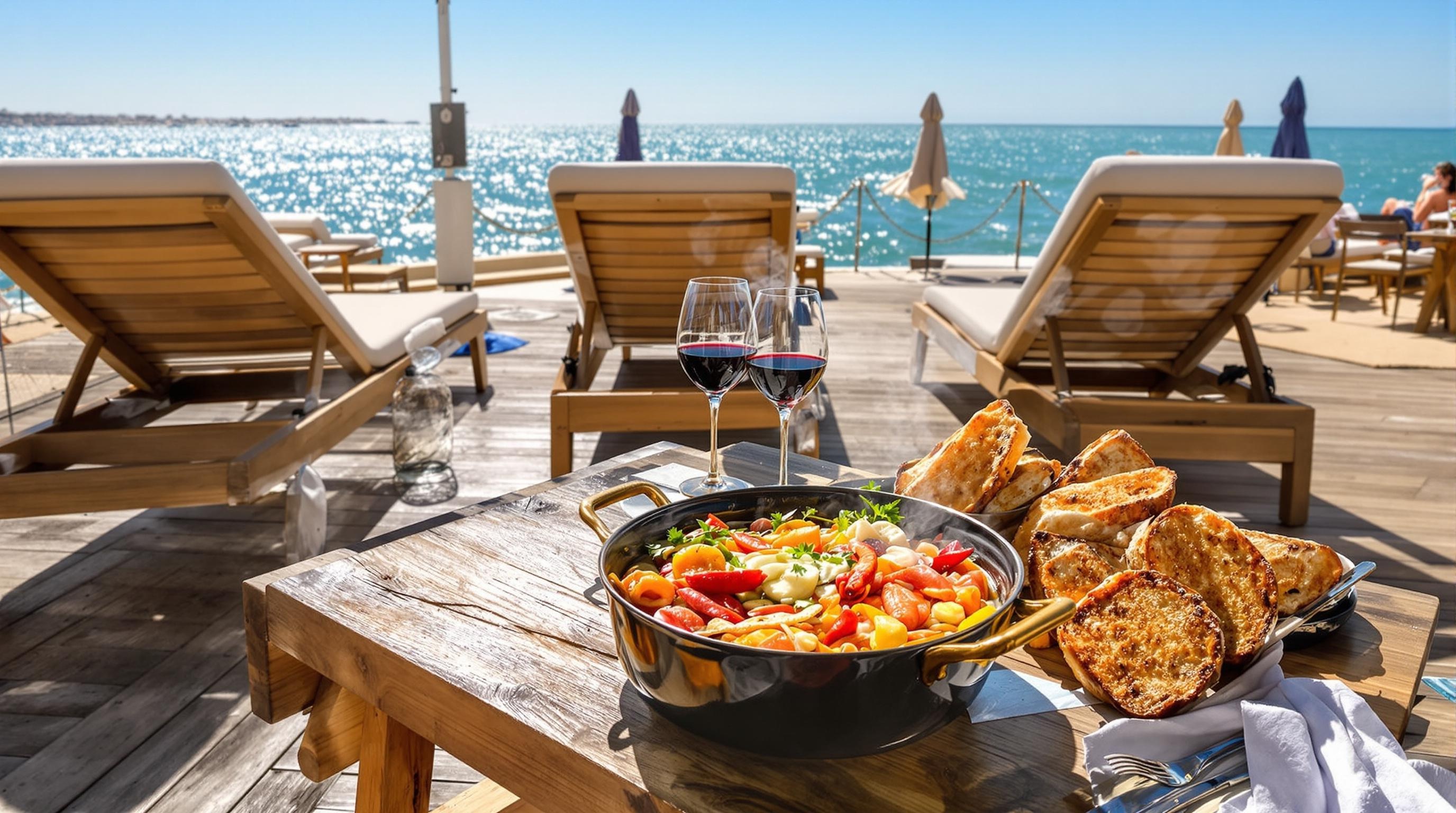 Vue ensoleillée de PataBeach à l’Escale Borély avec transats et bouillabaisse sur table basse en bois.