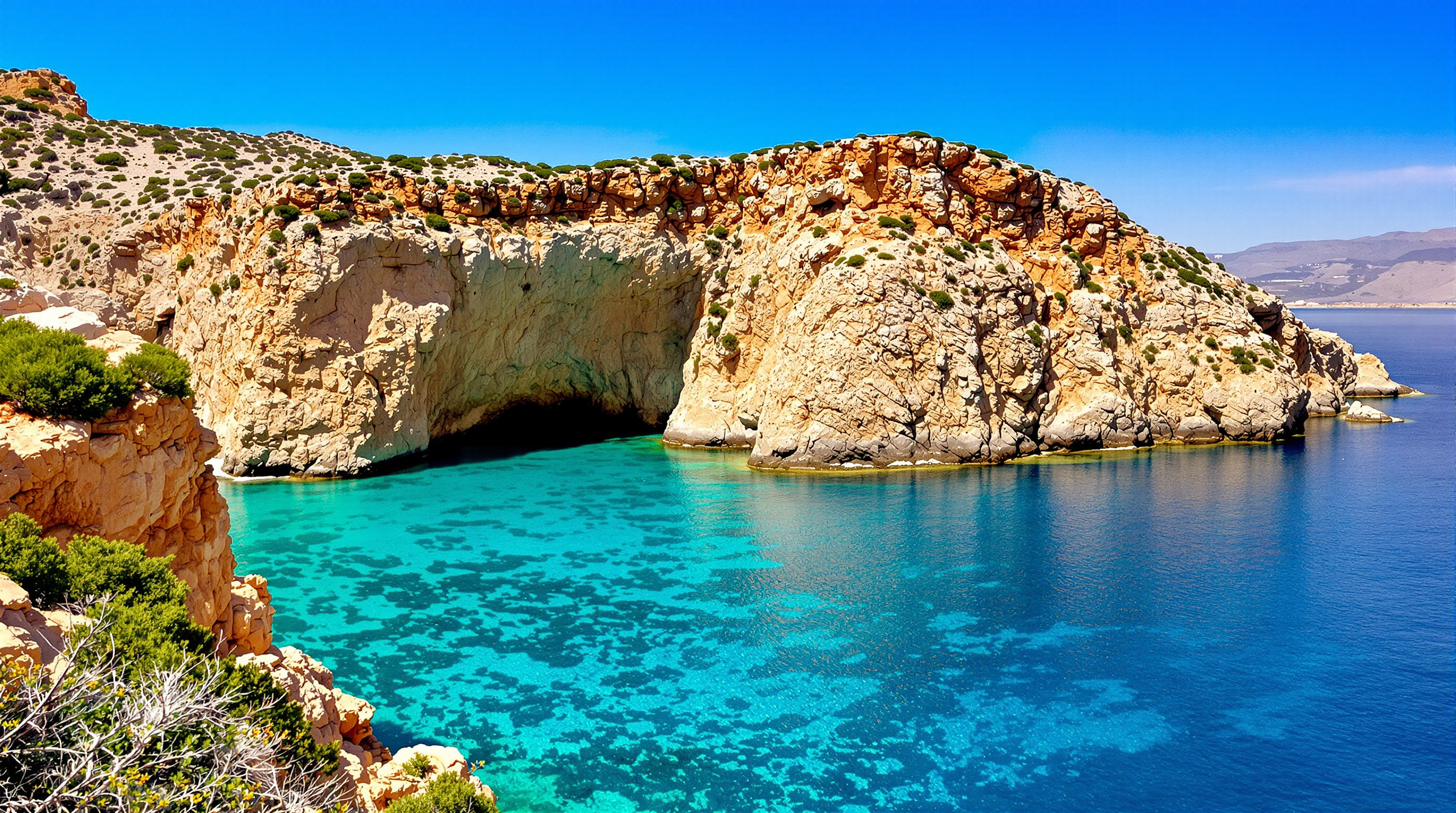 Un paysage aride et sauvage de l'extrême Est de la Crète près de Zakros avec une crique isolée aux eaux cristallines encadrée par des falaises ocres.