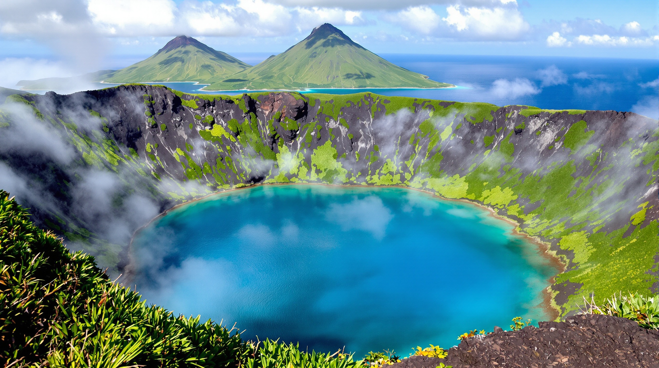 Paysage du lac cratère aux Açores avec observation de baleines, volcan et brume