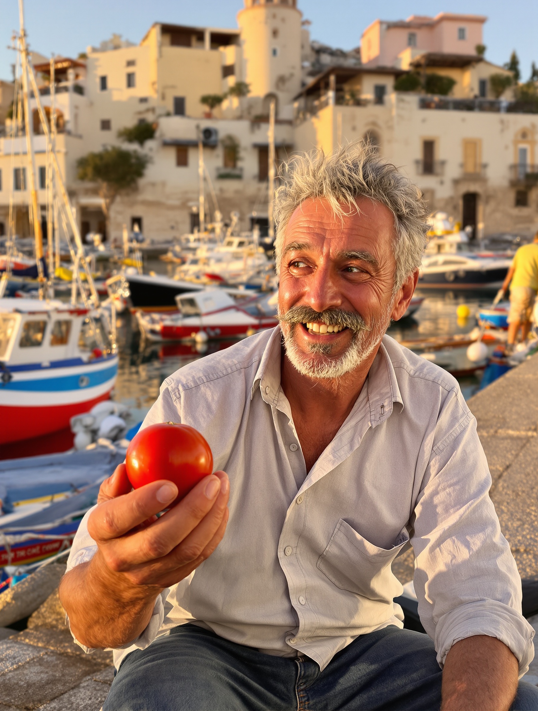 Un pêcheur moustachu à Bari au lever du soleil avec une tomate fraîchement cueillie