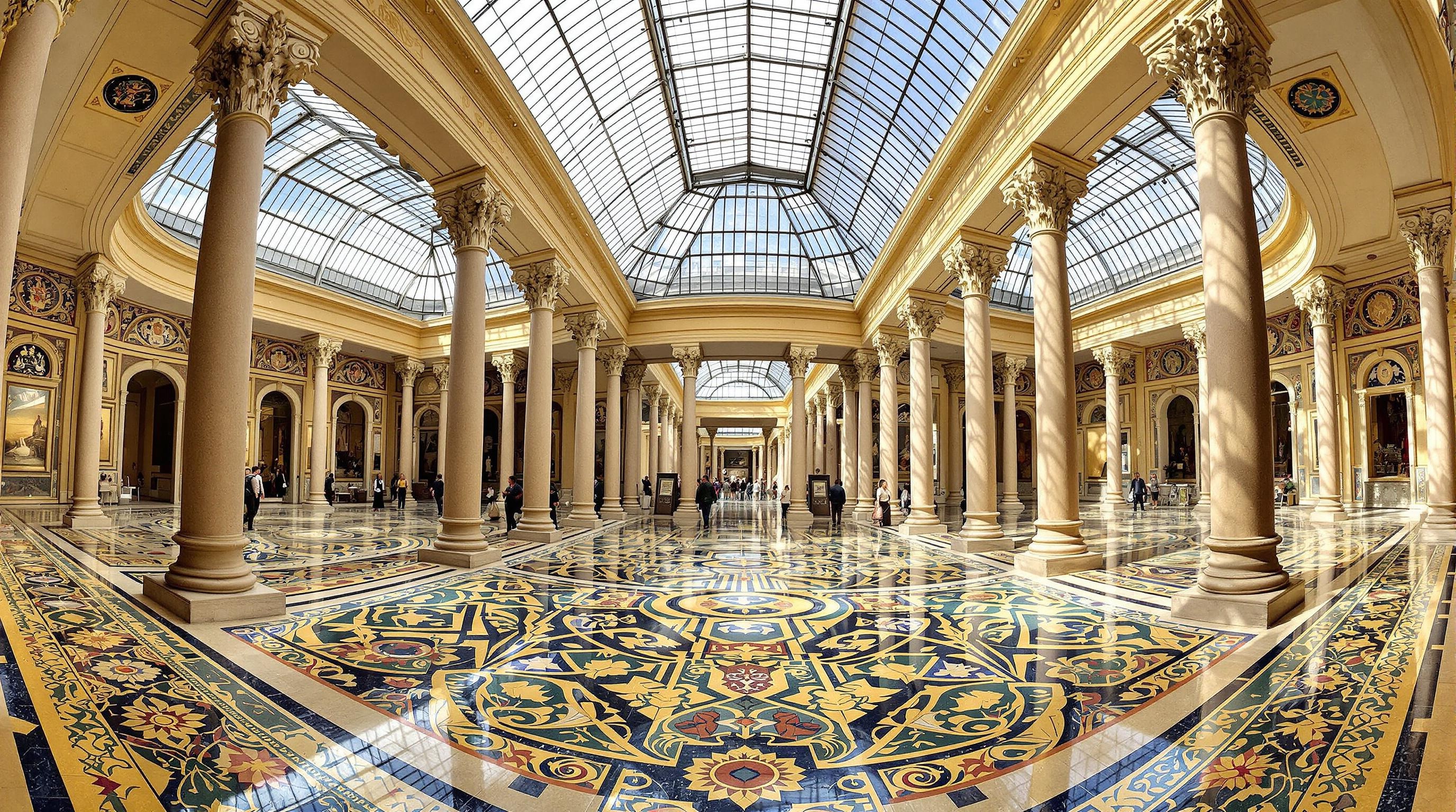 Péristyle du Petit Palais baigné de lumière naturelle, mosaïques colorées et colonnes toscanes