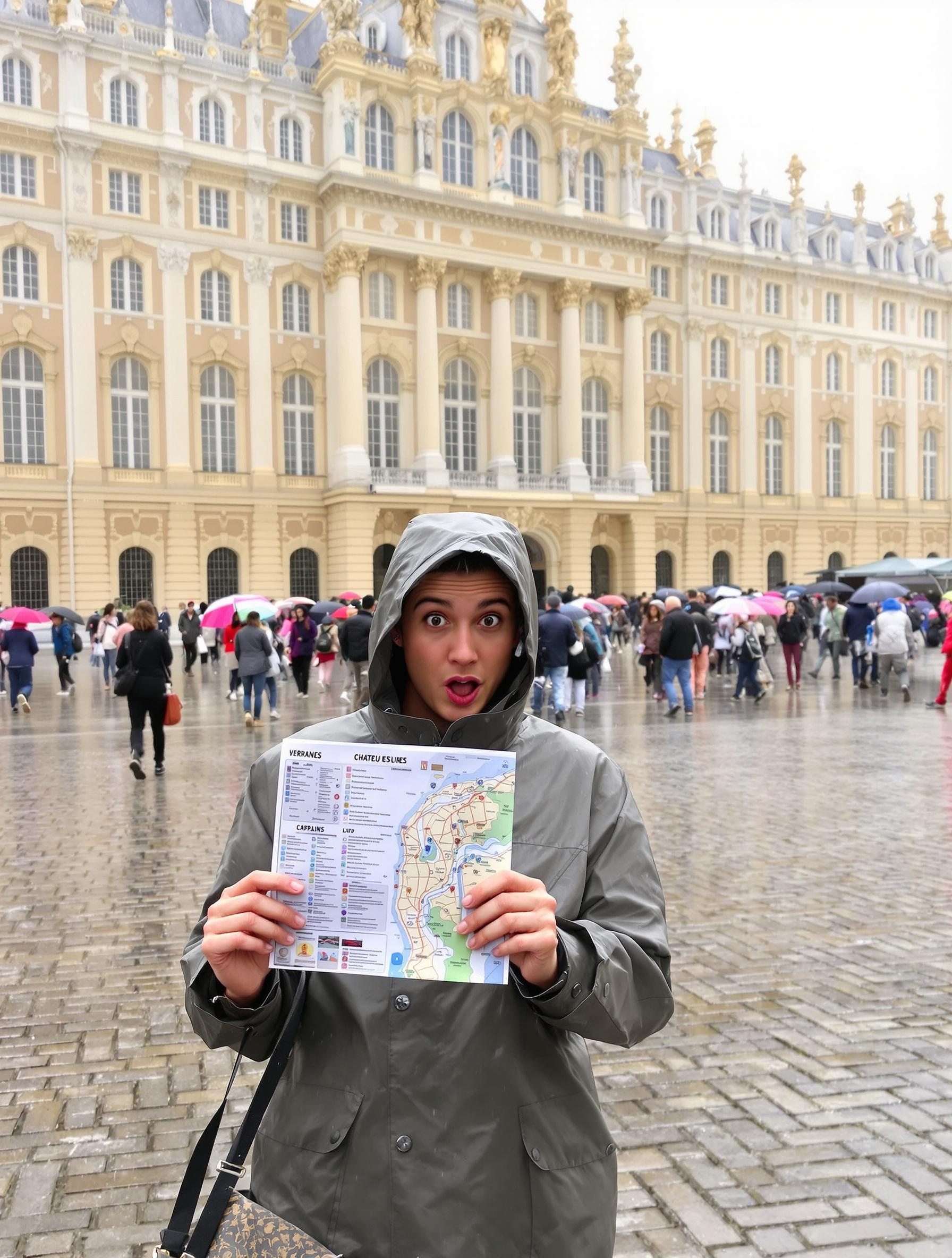 Visiteur devant le Château de Versailles sous la pluie