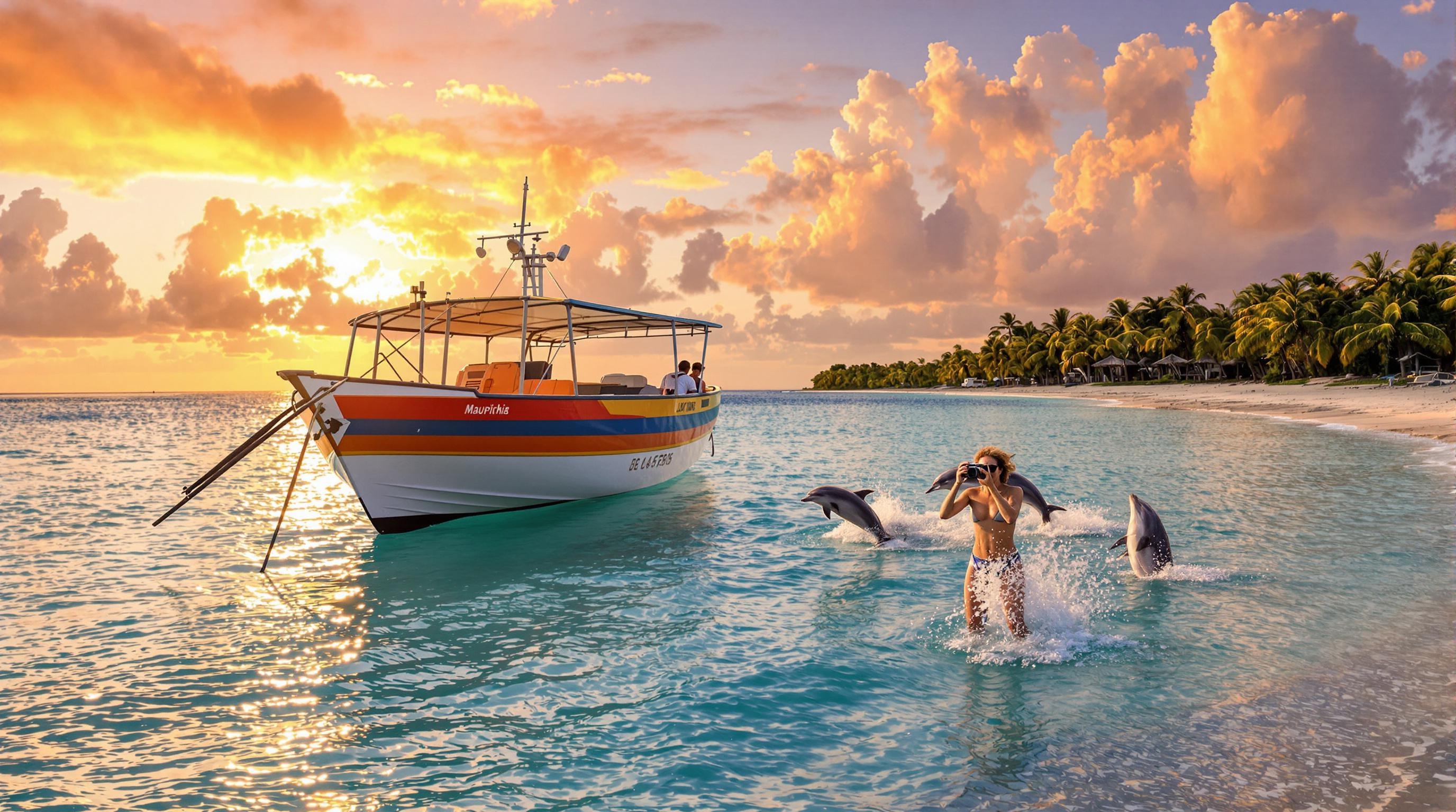 Petit bateau lever soleil dauphins Trou-aux-Biches