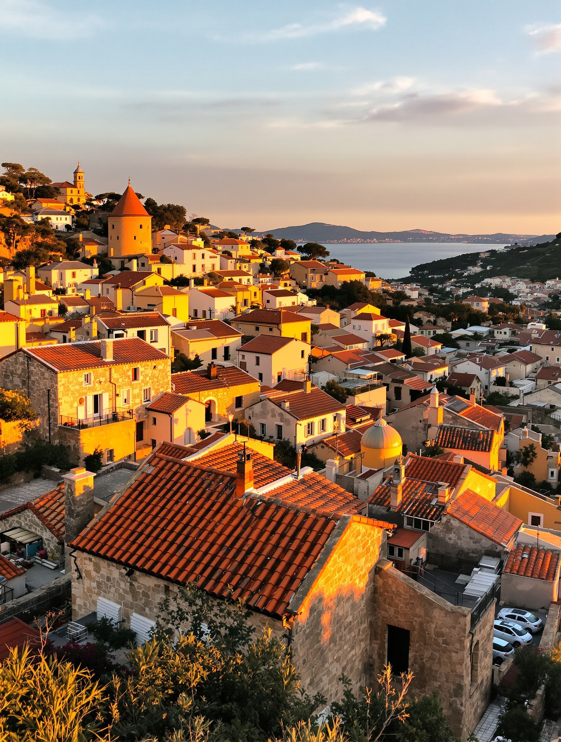 Le village de Piana au coucher du soleil. Les maisons traditionnelles corses, avec leurs toits de tuiles, sont baignées d'une lumière chaude et orangée. En arrière-plan, on devine la silhouette du Golfe de Porto. L'atmosphère est paisible et authentique.