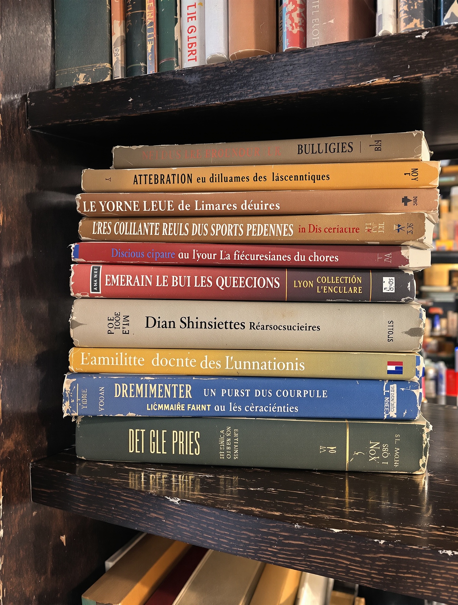 Livres d'occasion lyonnais empilés sur une étagère bois