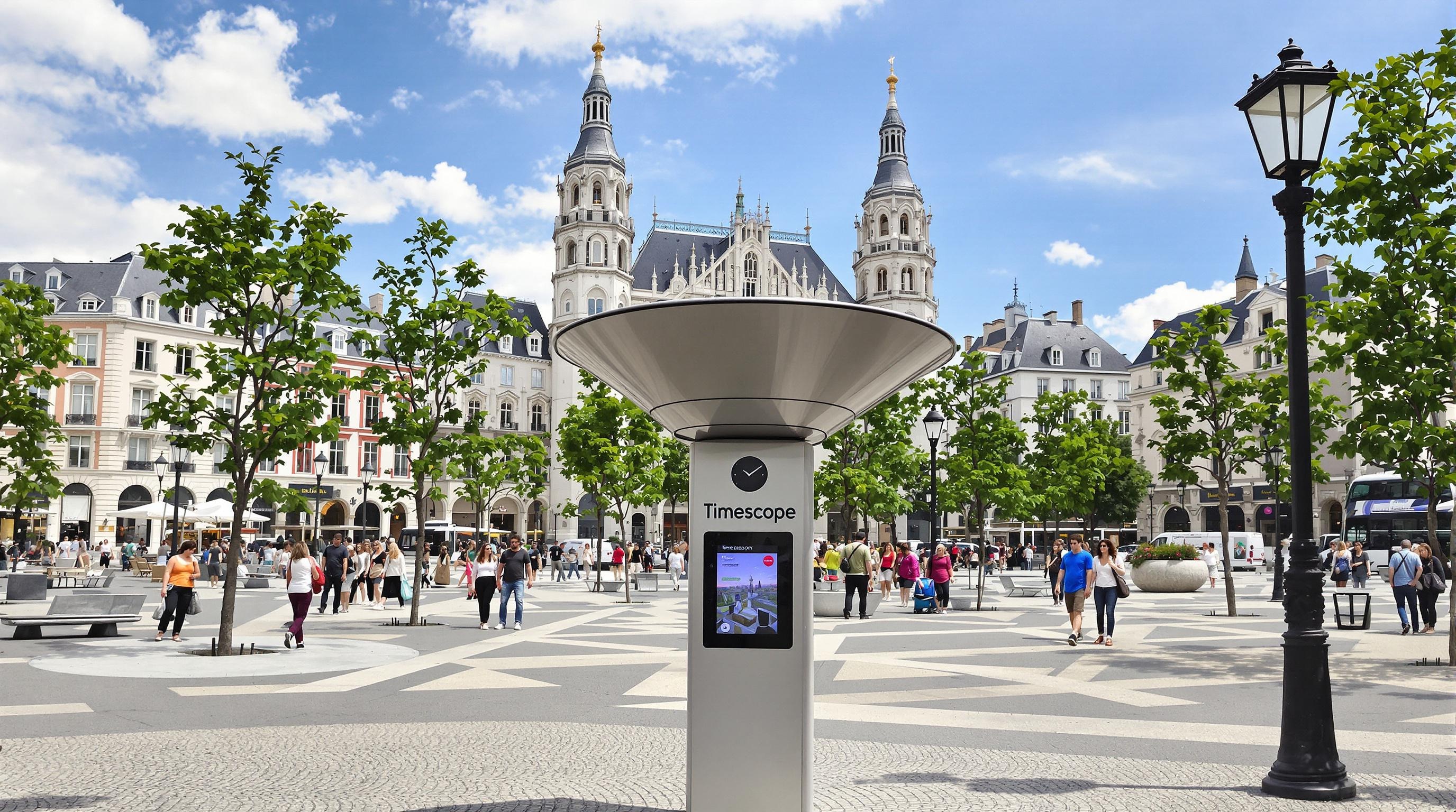 Borne Timescope et zone piétonne animée Place de la Bastille