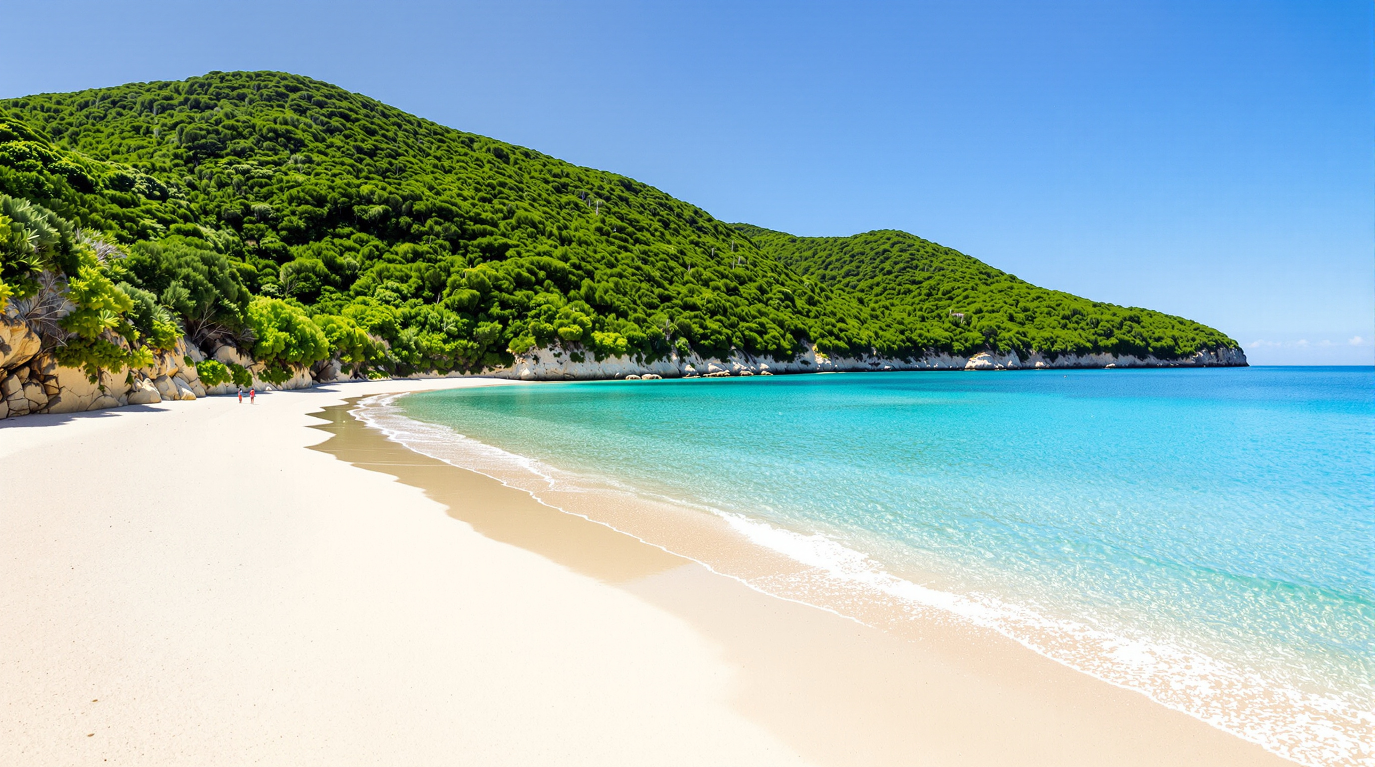 La plage paradisiaque de Galapinhos, nichée dans le parc naturel de la Serra da Arrábida, sable fin et blanc, eaux turquoise et calmes, végétation verdoyante des collines en arrière-plan.