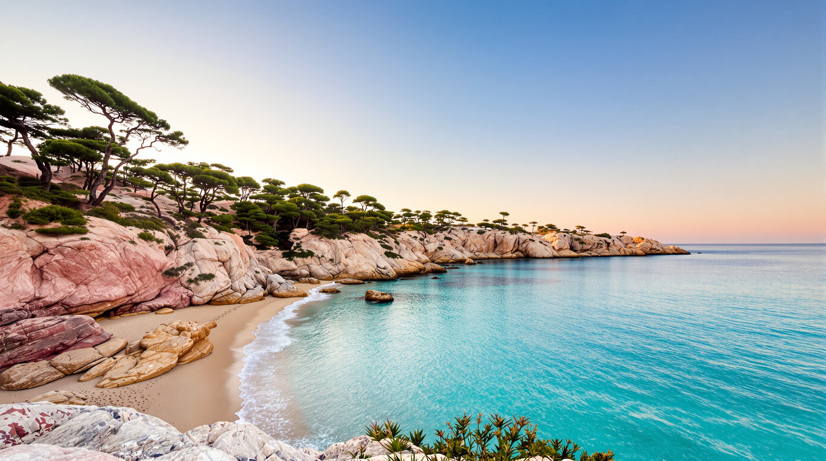 Plage de Palombaggia à l'aube : pins parasols, rochers roses et eau turquoise sans touristes