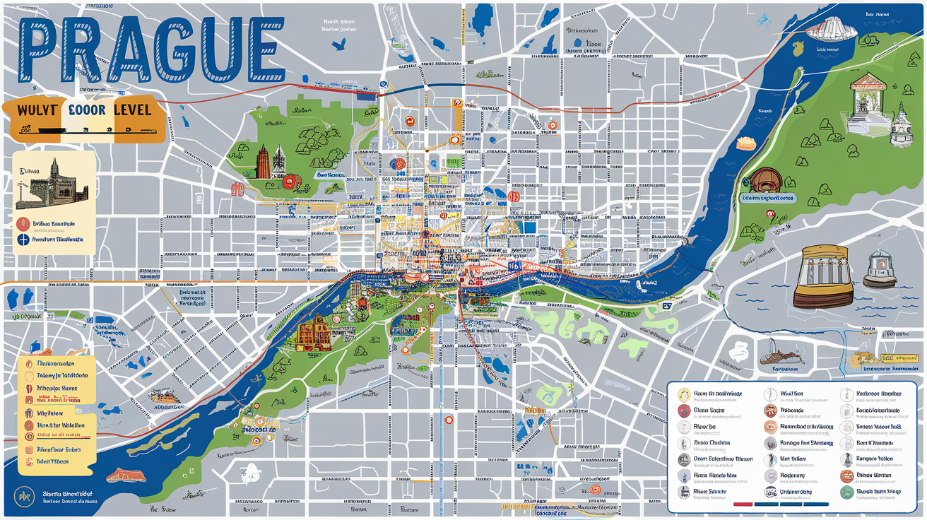 Plan détaillé Prague zooms, marquages et pictos transports