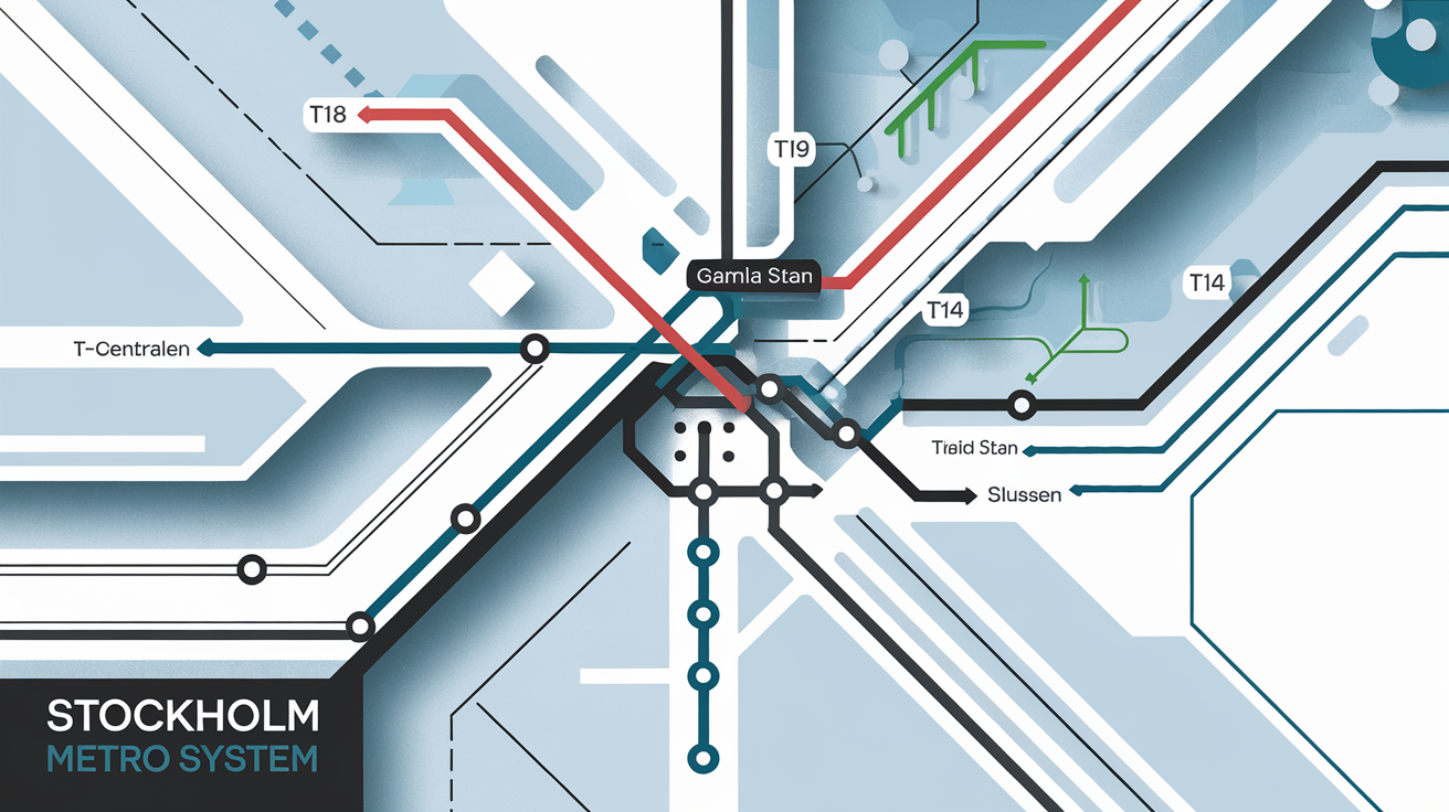Plan stylisé métro Stockholm lignes branches stations stratégiques froid artistique