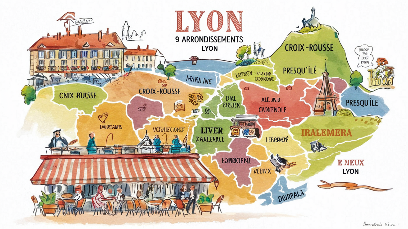 Plan original de Lyon montrant ses 9 arrondissements dans un style esquisse aquarelle avec ambiance de bistrot local.