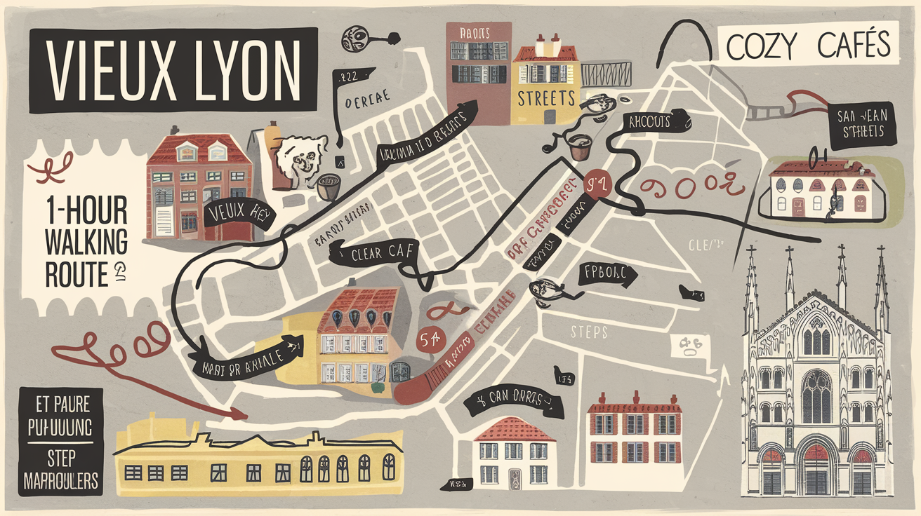 Plan stylisé d'un circuit piéton d'une heure dans le Vieux Lyon, étapes clés et traboules