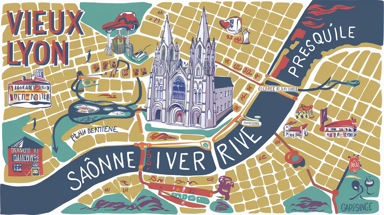 Plan stylisé du Vieux Lyon avec le quartier Saint-Jean en surbrillance, traboules et Saône