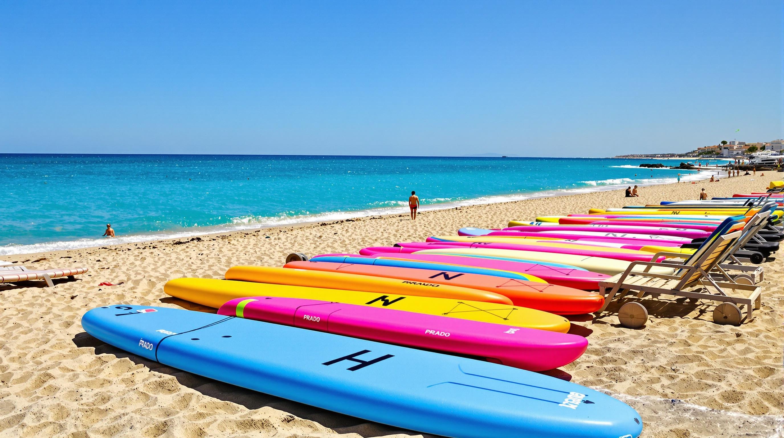 planches de paddle colorées alignées sur la plage du Prado à Marseille
