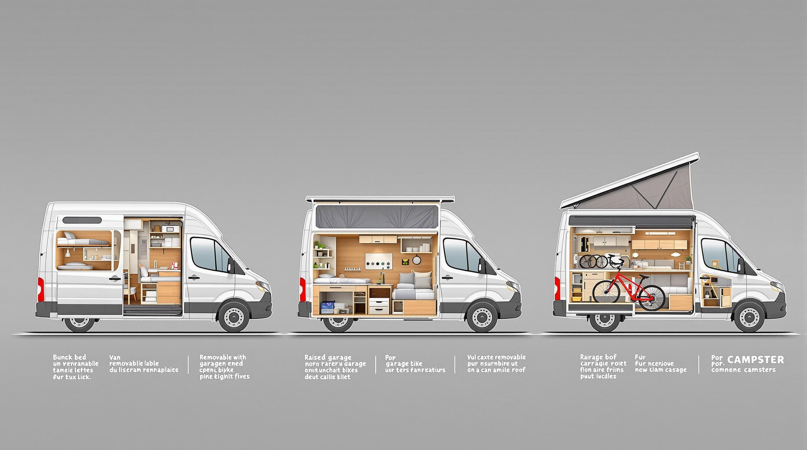 Trois types de couchage en fourgon familial : superposés démontables, lit garage, toit relevable Campster.